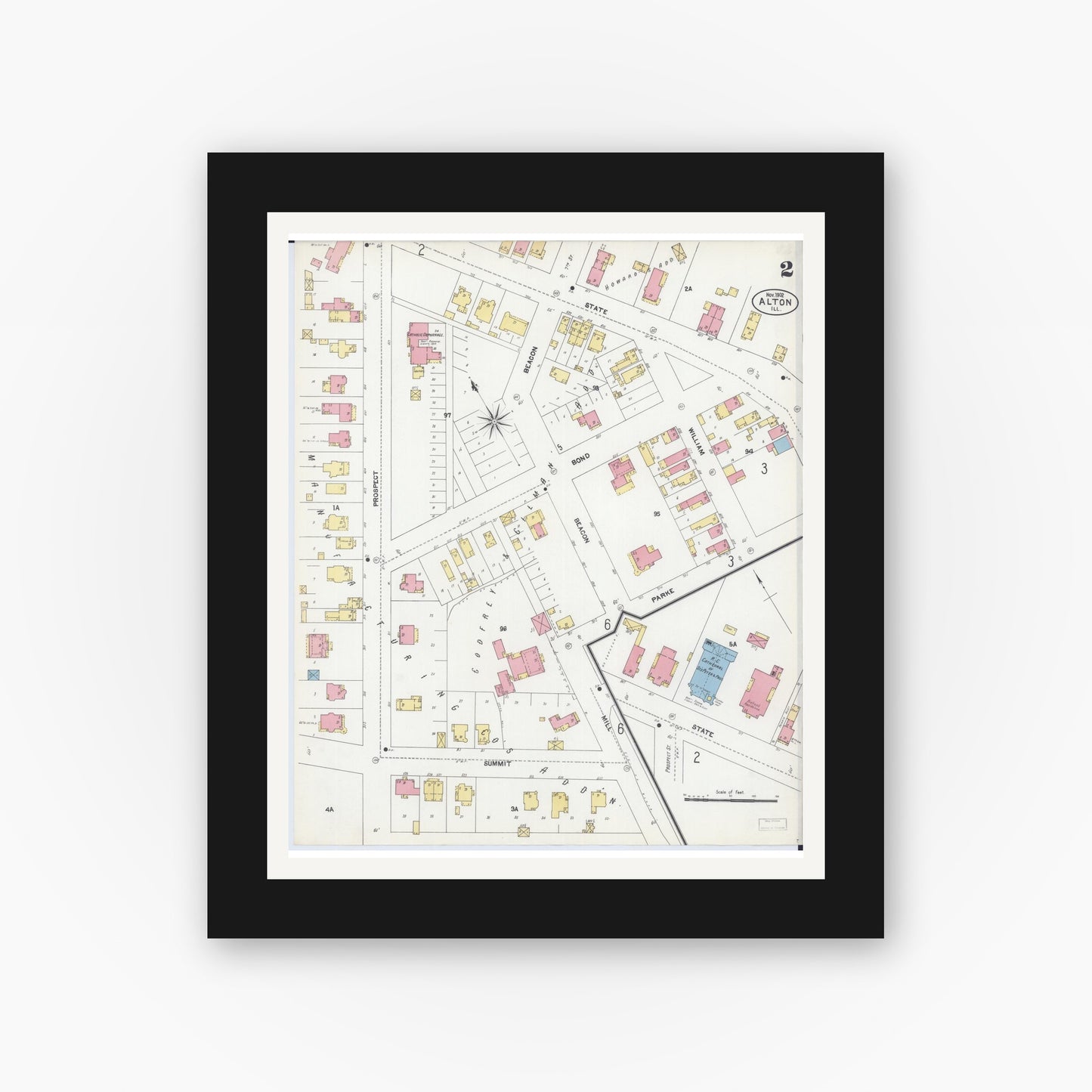 Old map wall art mockup — black gallery frame with white mat — Sanborn Fire Insurance Map from Alton, Madison County, Illinois (1902), Sheet #0002