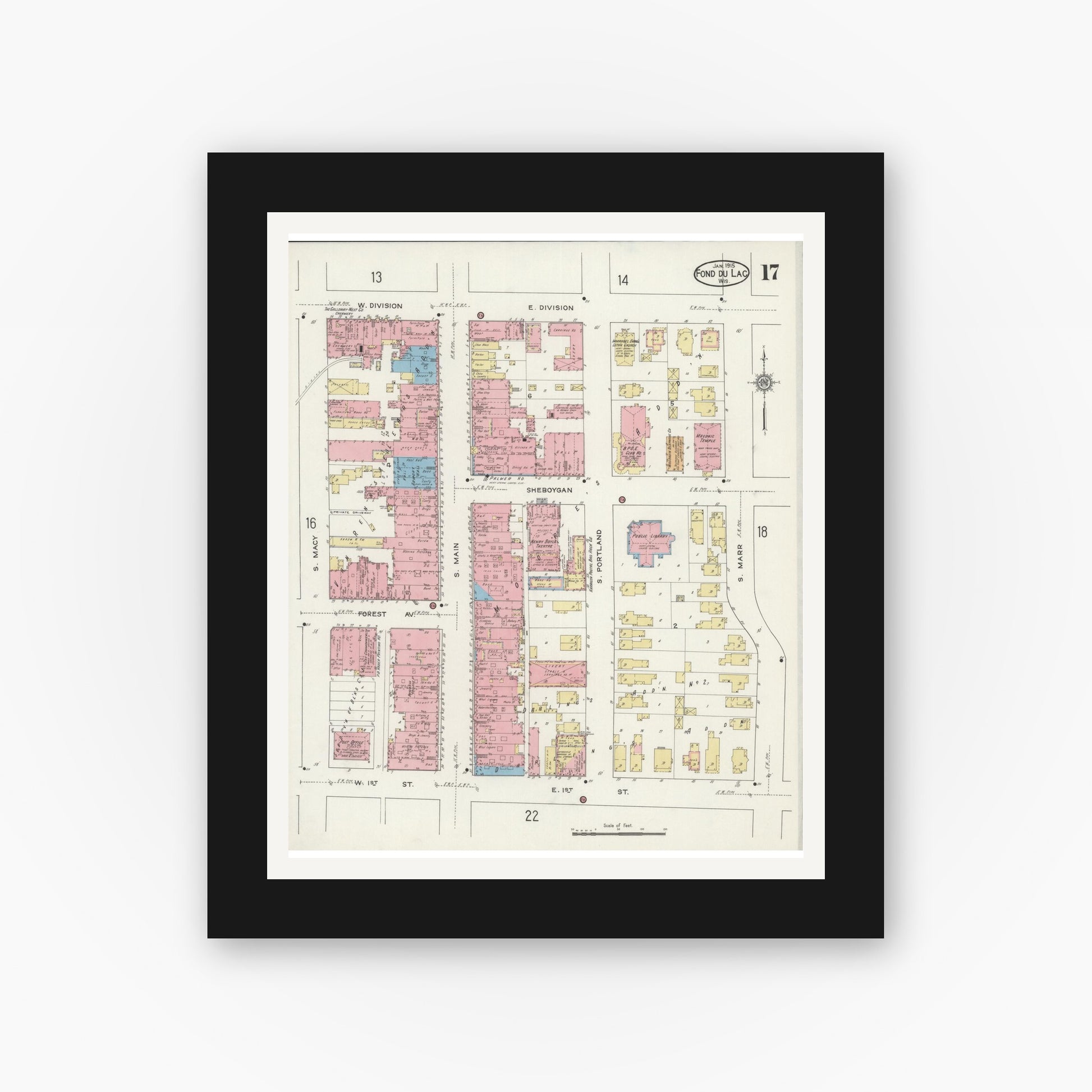 Old map wall art mockup — black gallery frame with white mat — Sanborn Fire Insurance Map from Fond du Lac, Fond du Lac County, Wisconsin (1915), Sheet #0017