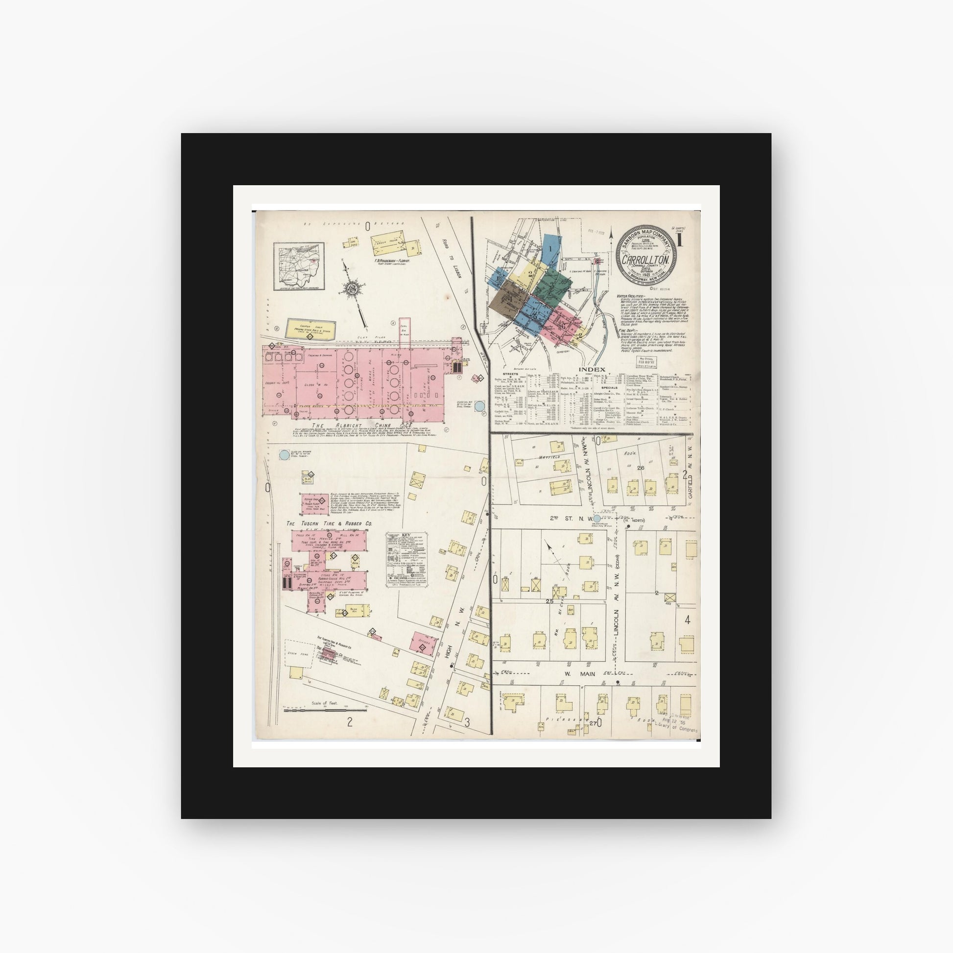 Old map wall art mockup — black gallery frame with white mat — Sanborn Fire Insurance Map from Carrollton, Carroll County, Ohio (1921) - Complete Map Set
