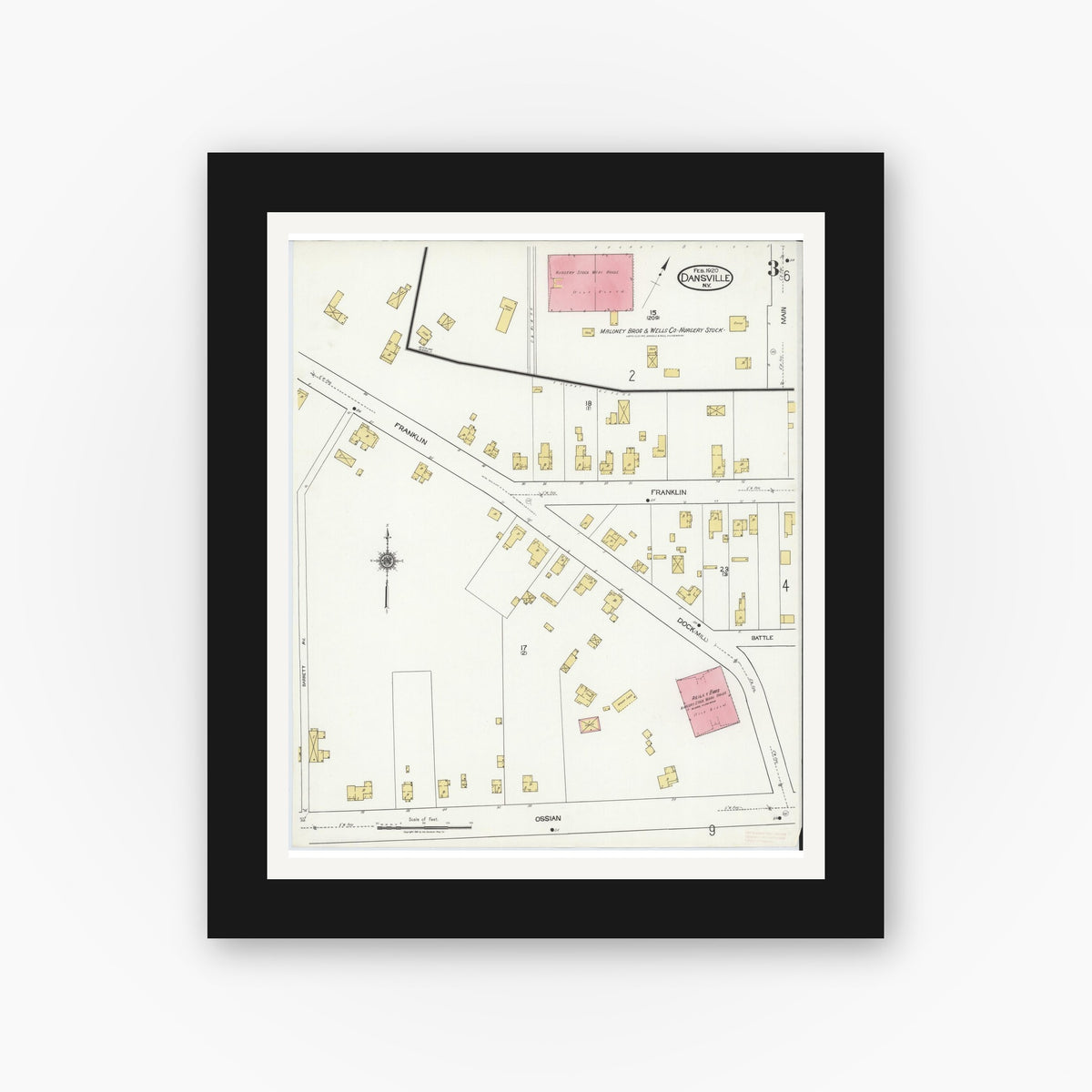 Old map wall art mockup — black gallery frame with white mat — Sanborn Fire Insurance Map from Dansville, Livingston County, New York (1920), Sheet #0003