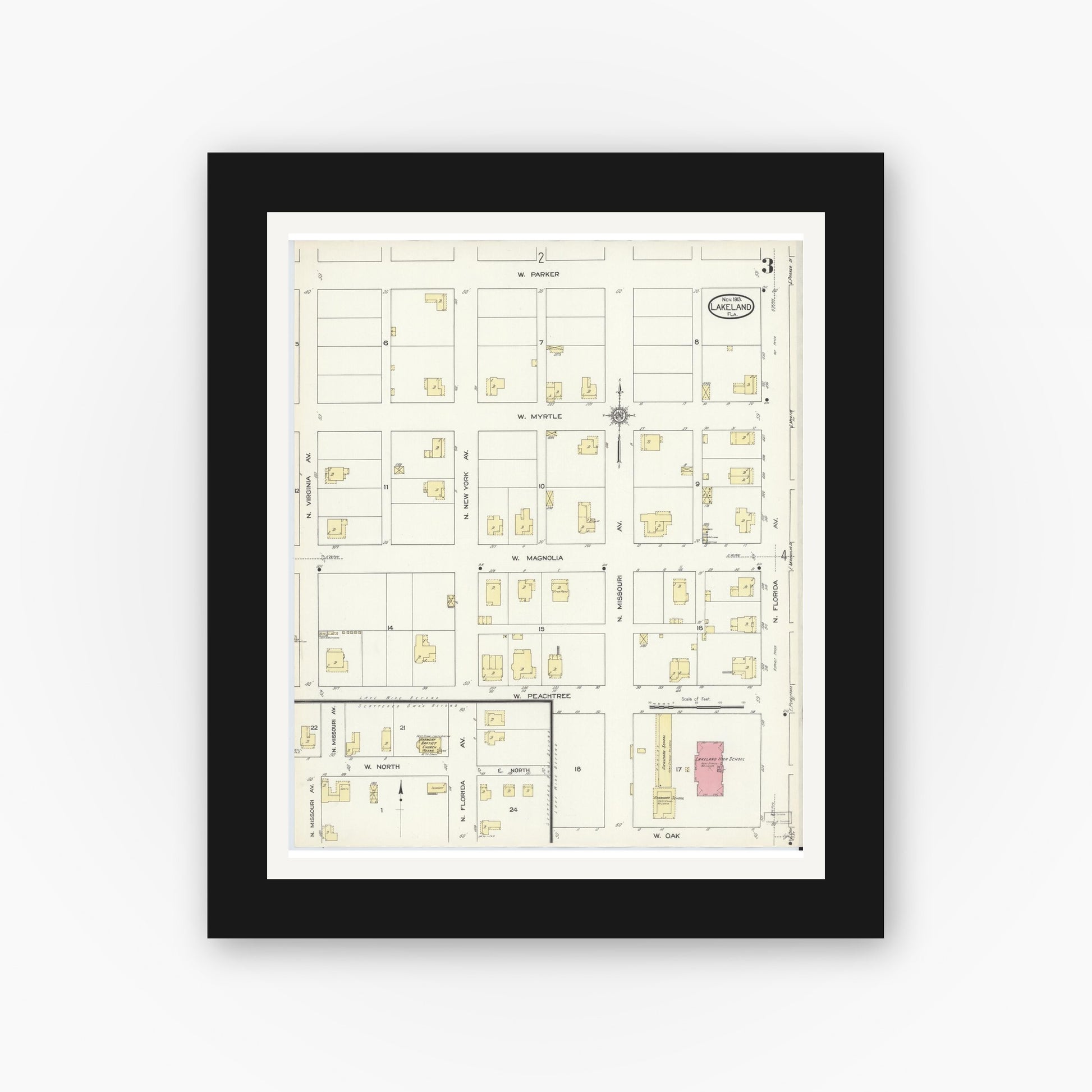 Old map wall art mockup — black gallery frame with white mat — Sanborn Fire Insurance Map from Lakeland, Polk County, Florida (1913), Sheet #0003