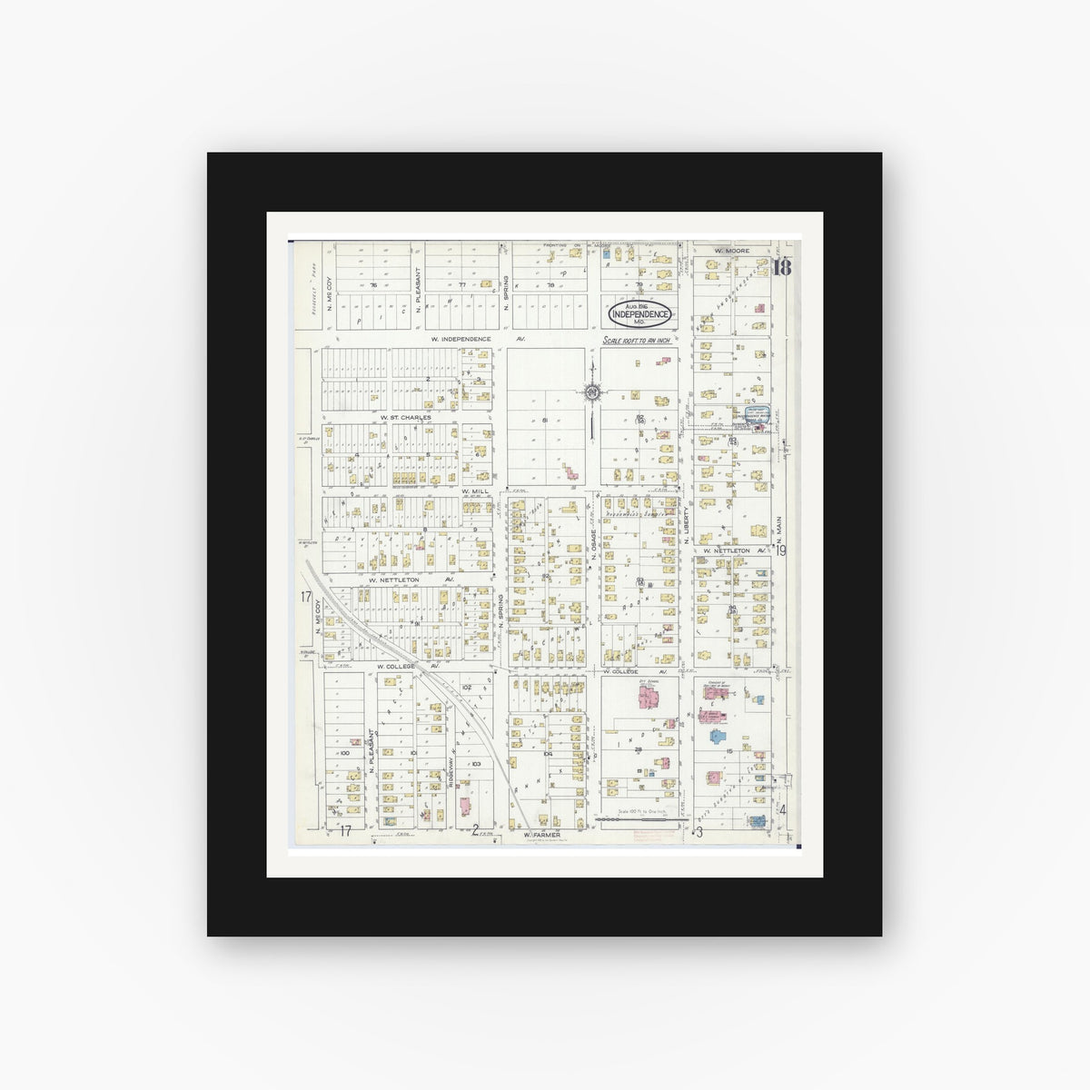 Old map wall art mockup — black gallery frame with white mat — Sanborn Fire Insurance Map from Independence, Jackson County, Missouri (1916), Sheet #0018