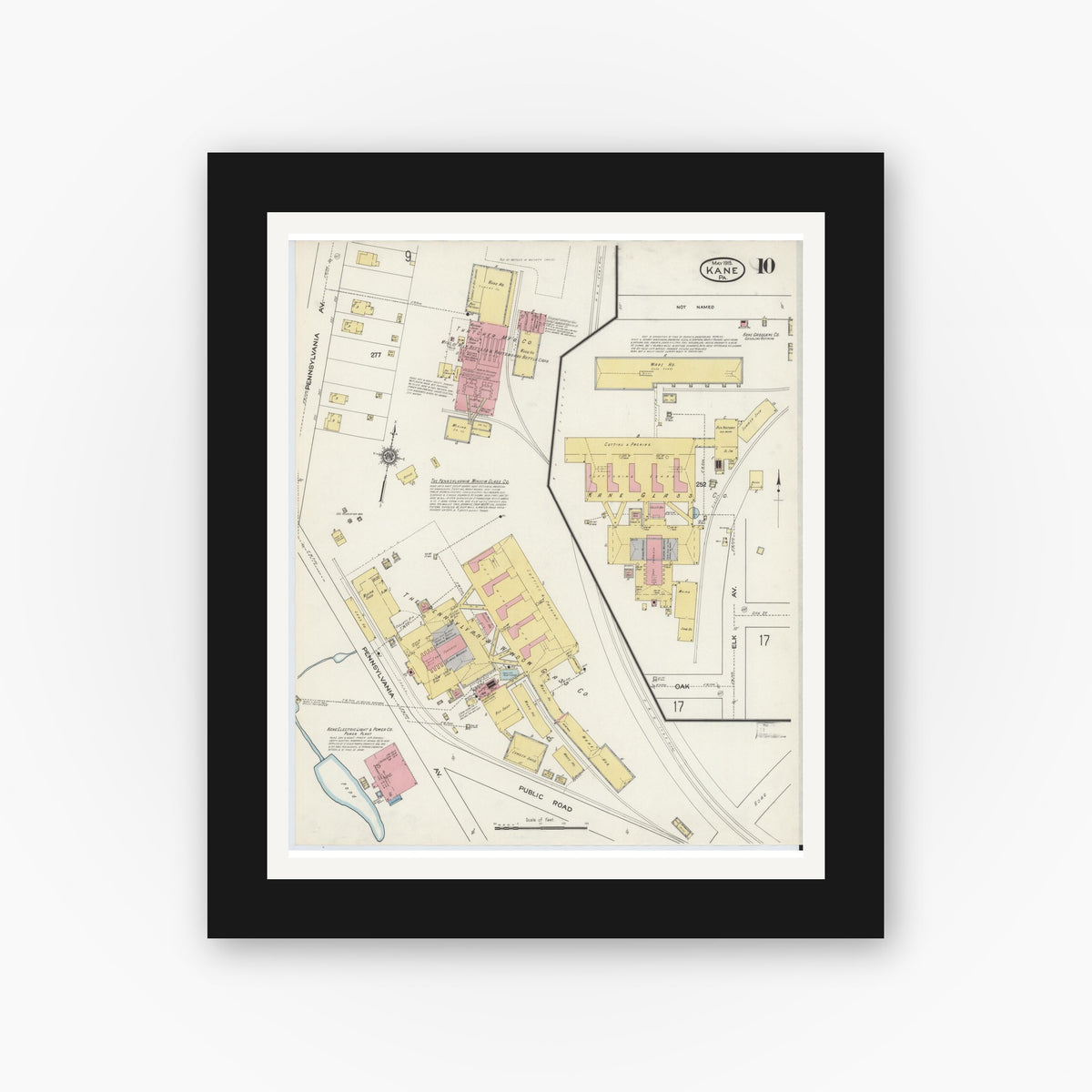 Old map wall art mockup — black gallery frame with white mat — Sanborn Fire Insurance Map from Kane, McKean County, Pennsylvania (1915), Sheet #0010