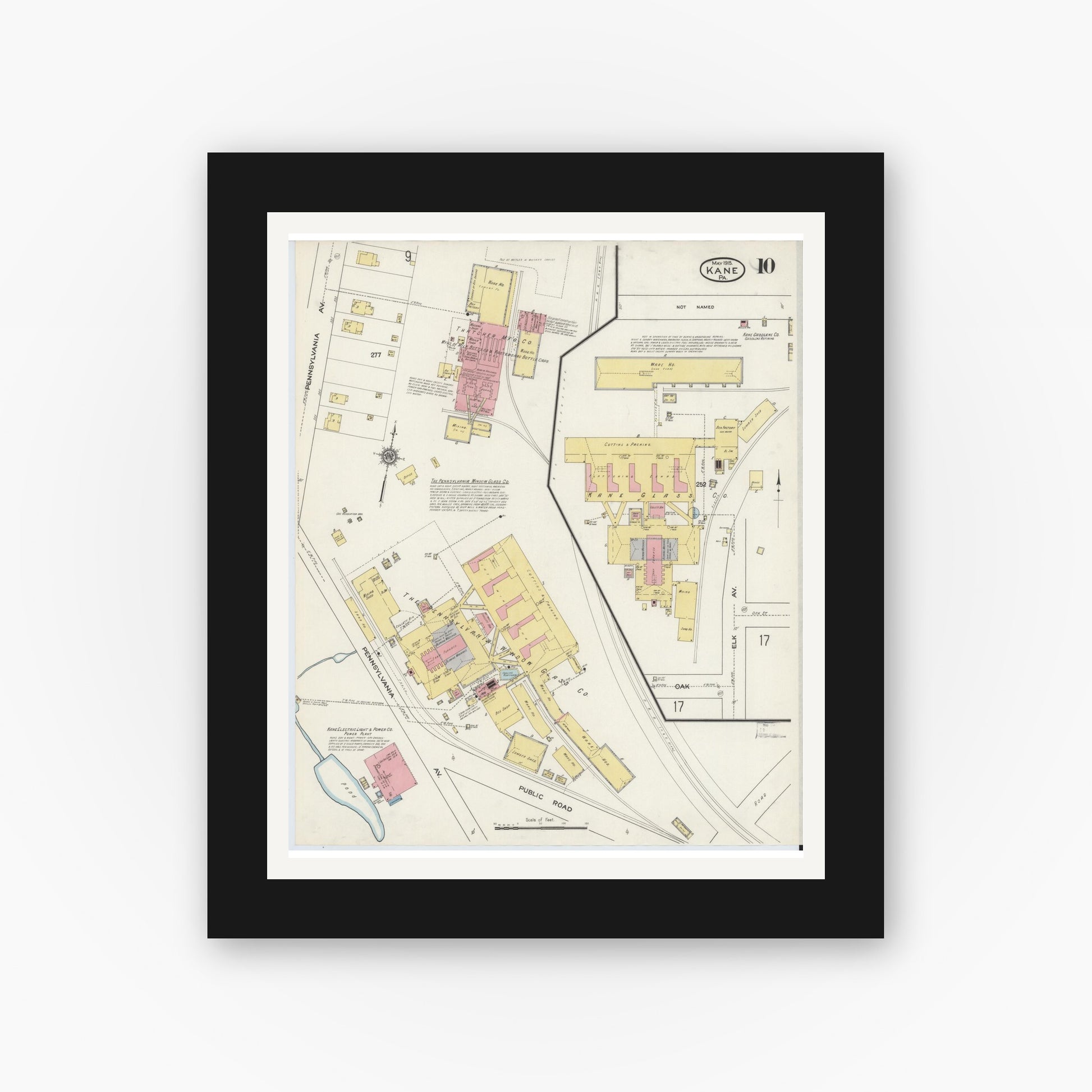 Old map wall art mockup — black gallery frame with white mat — Sanborn Fire Insurance Map from Kane, McKean County, Pennsylvania (1915), Sheet #0010