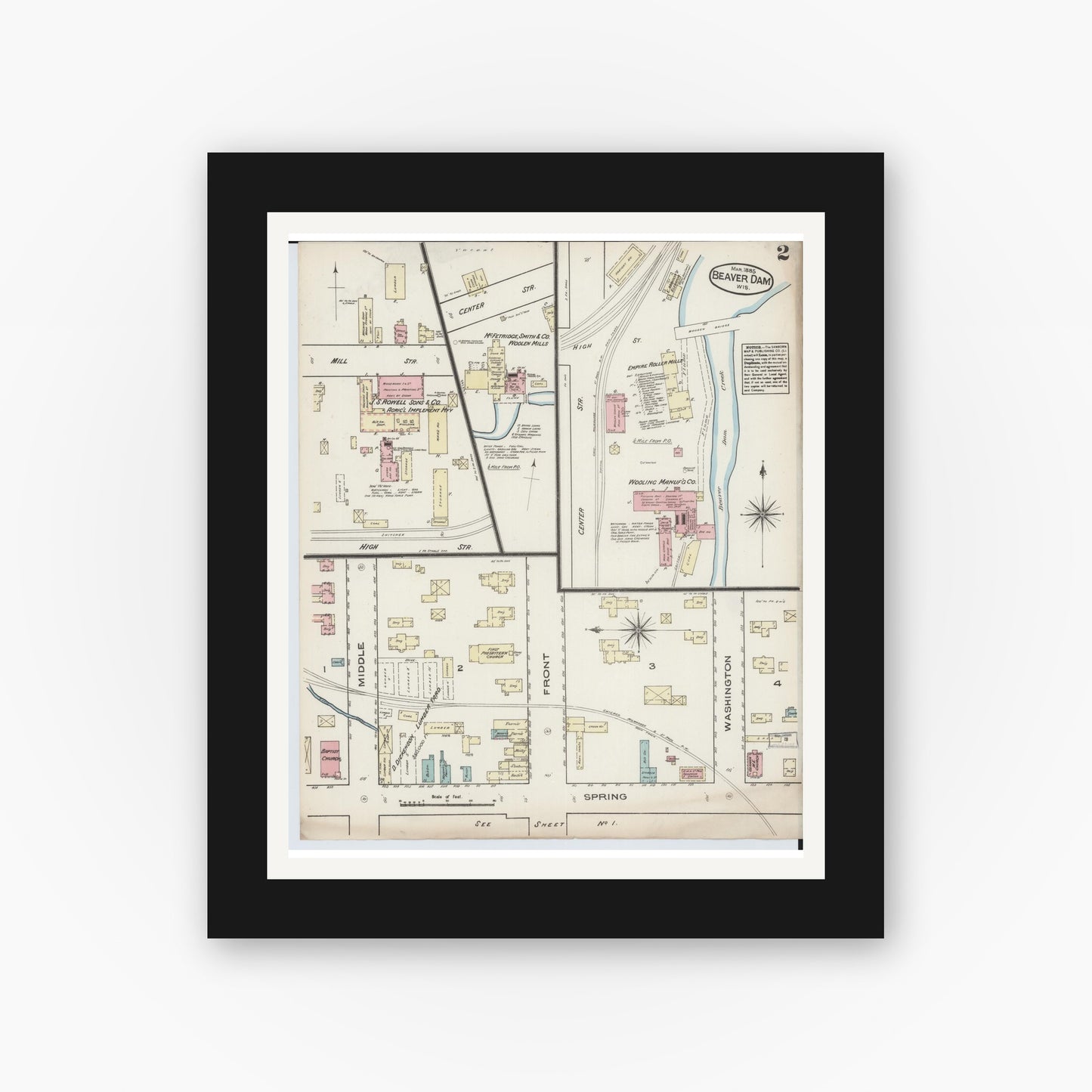 Old map wall art mockup — black gallery frame with white mat — Sanborn Fire Insurance Map from Beaver Dam, Dodge County, Wisconsin (1885) - Complete Map Set