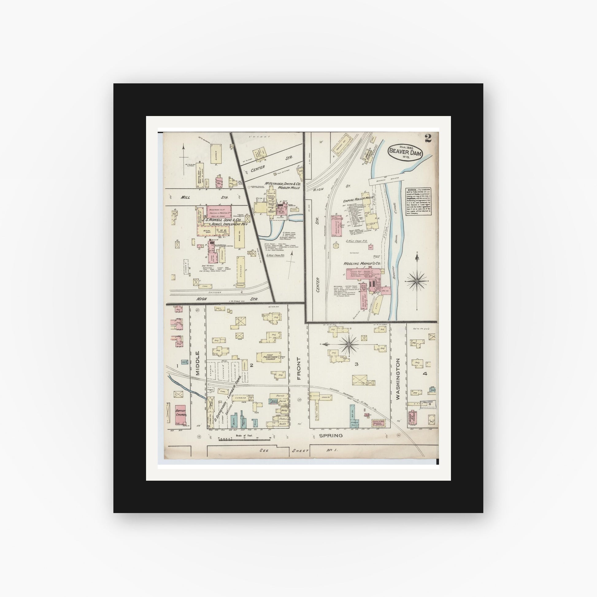 Old map wall art mockup — black gallery frame with white mat — Sanborn Fire Insurance Map from Beaver Dam, Dodge County, Wisconsin (1885) - Complete Map Set