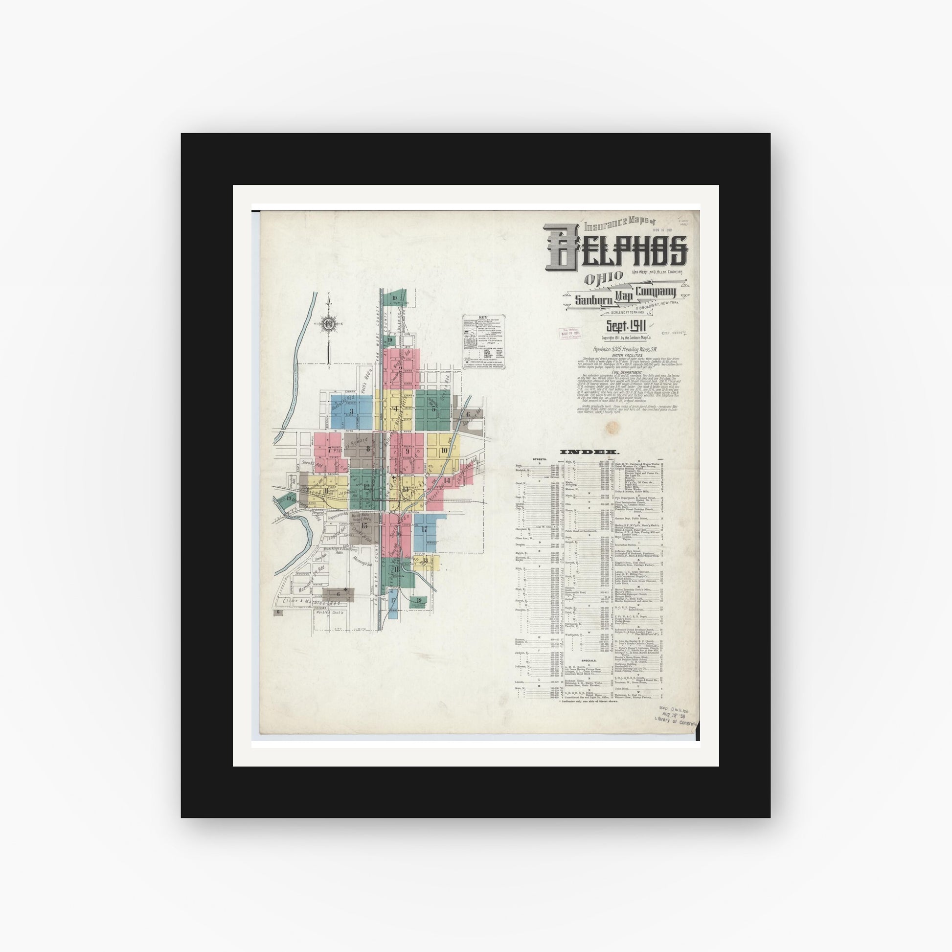 Old map wall art mockup — black gallery frame with white mat — Sanborn Fire Insurance Map from Delphos, Van Wert And Allen Counties, Ohio (1911) - Complete Map Set