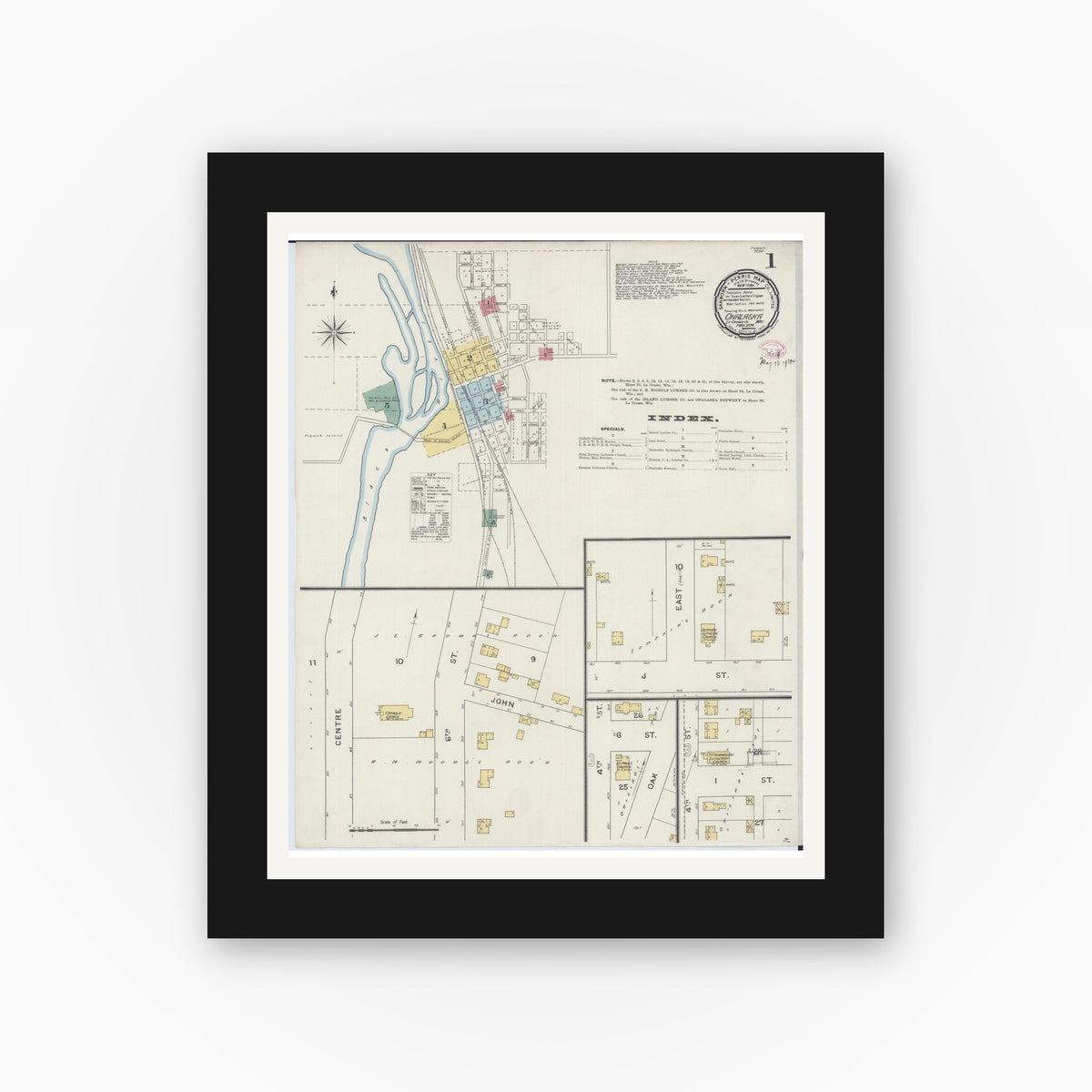 Old map wall art mockup — black gallery frame with white mat — Sanborn Fire Insurance Map from Onalaska, La Crosse County, Wisconsin (1894) - Complete Map Set