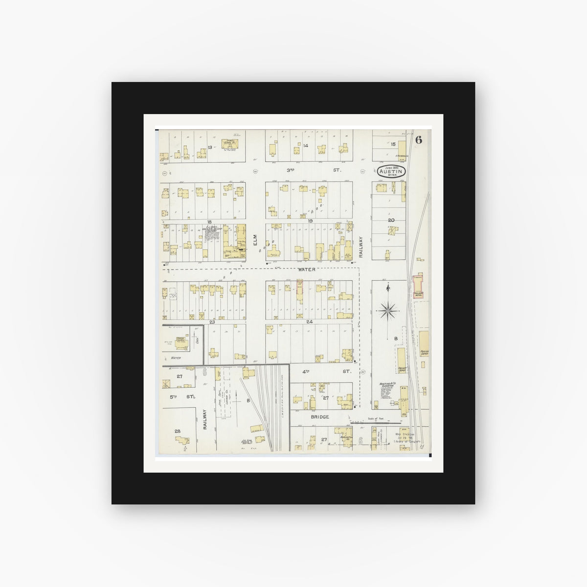 Old map wall art mockup — black gallery frame with white mat — Sanborn Fire Insurance Map from Austin, Mower County, Minnesota (1892), Sheet #0006