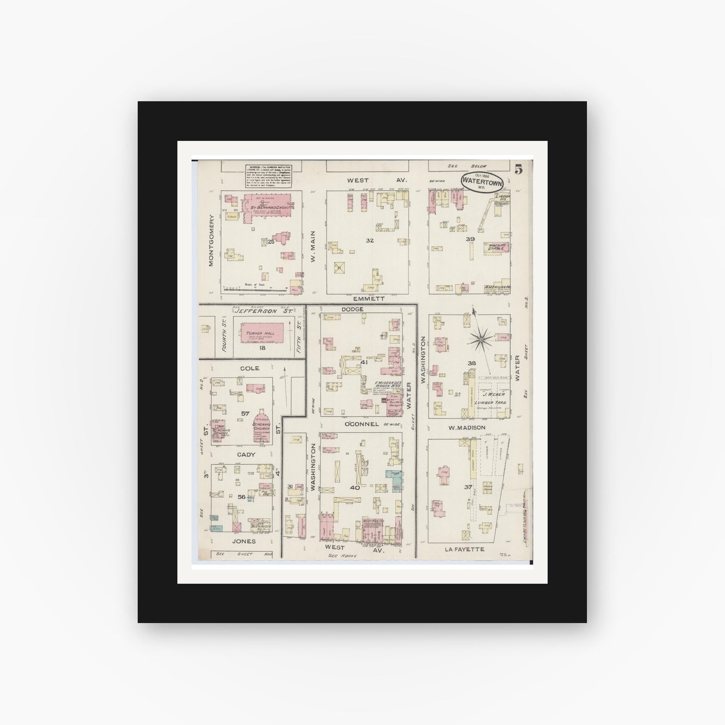 Old map wall art mockup — black gallery frame with white mat — Sanborn Fire Insurance Map from Watertown, Jefferson County, Wisconsin (1884), Sheet #0005