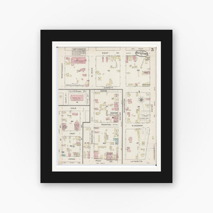 Old map wall art mockup — black gallery frame with white mat — Sanborn Fire Insurance Map from Watertown, Jefferson County, Wisconsin (1884), Sheet #0005