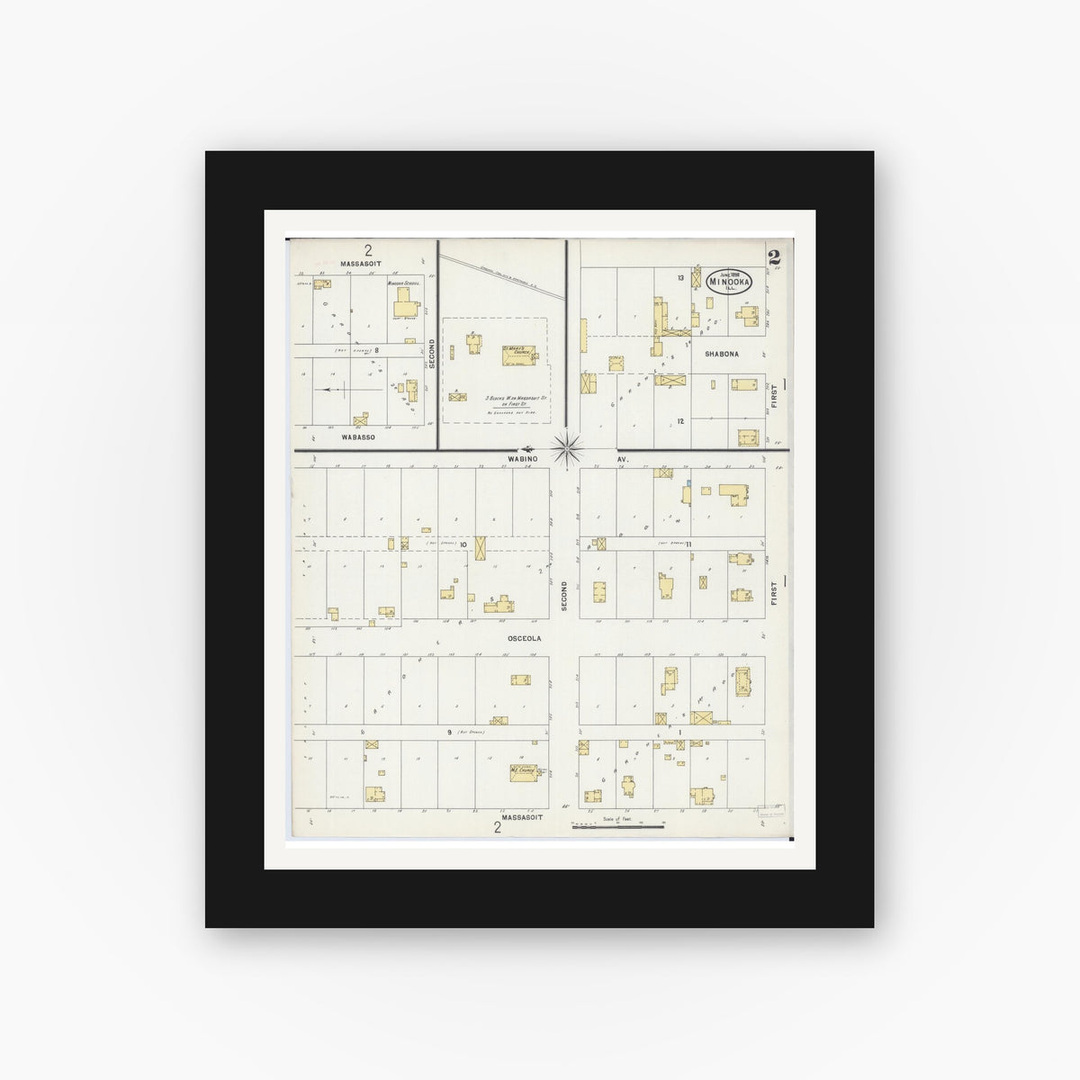 Old map wall art mockup — black gallery frame with white mat — Sanborn Fire Insurance Map from Minooka, Grundy County, Illinois (1898), Sheet #0002