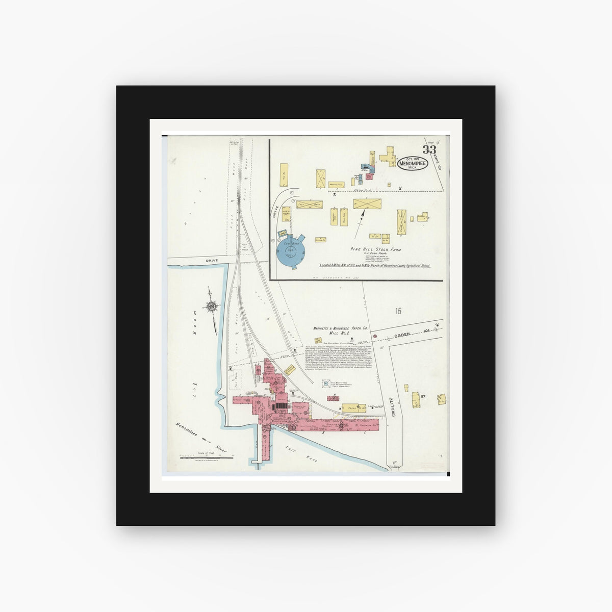 Old map wall art mockup — black gallery frame with white mat — Sanborn Fire Insurance Map from Menominee, Menominee County, Michigan (1921), Sheet #0033