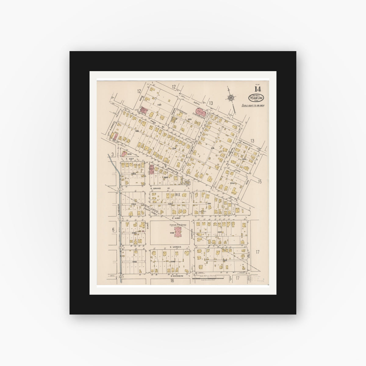 Old map wall art mockup — black gallery frame with white mat — Sanborn Fire Insurance Map from Yoakum, De Witt And Lavaca Counties, Texas (1922), Sheet #0014