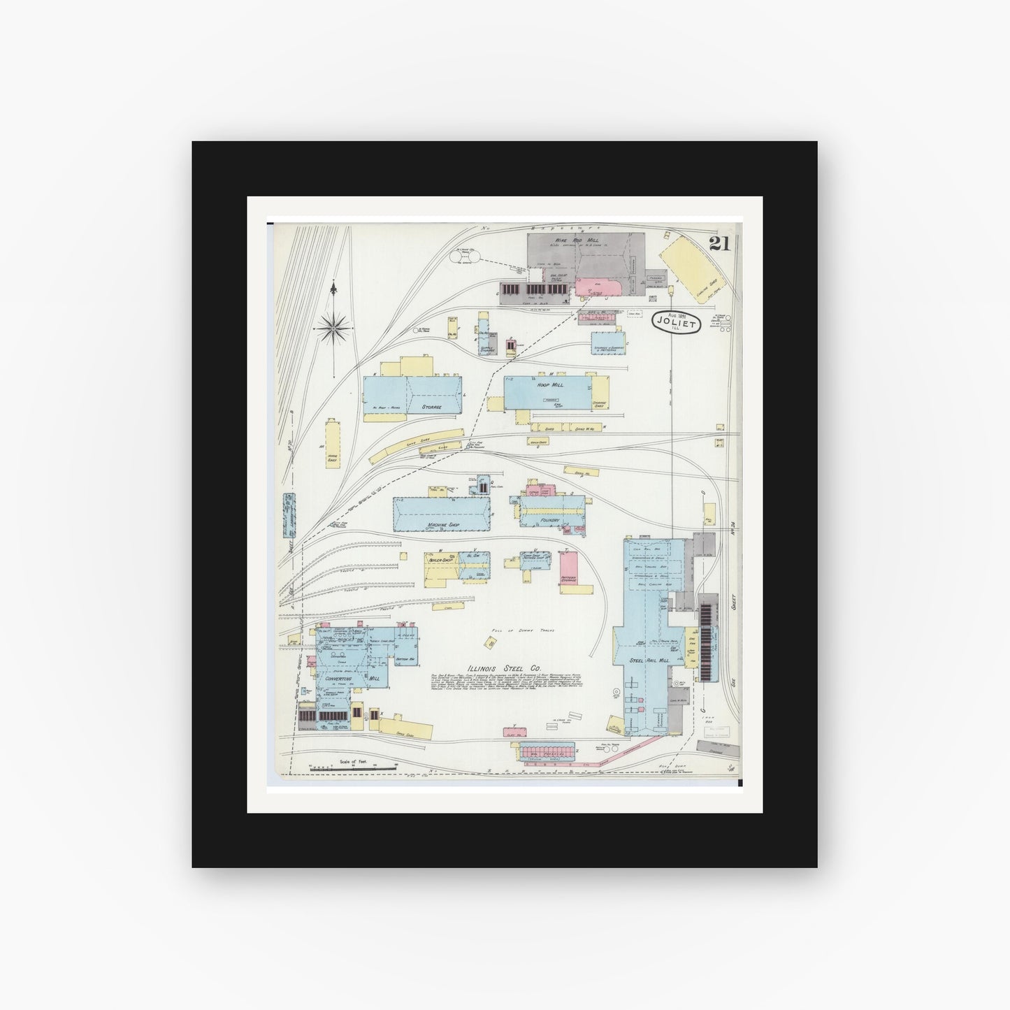 Old map wall art mockup — black gallery frame with white mat — Sanborn Fire Insurance Map from Joliet, Will County, Illinois (1891), Sheet #0021