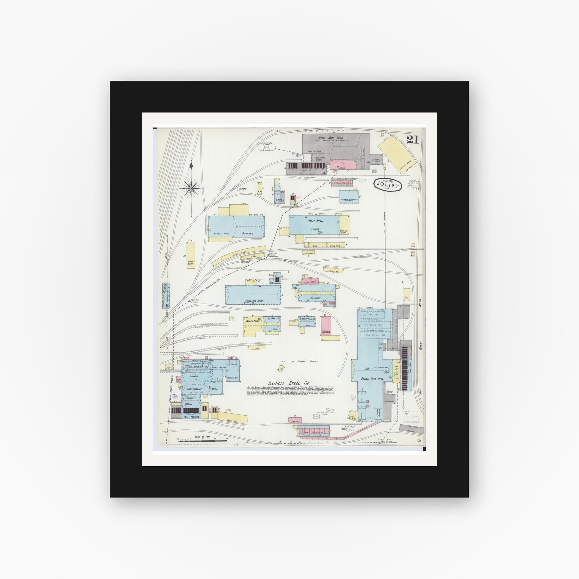 Old map wall art mockup — black gallery frame with white mat — Sanborn Fire Insurance Map from Joliet, Will County, Illinois (1891), Sheet #0021