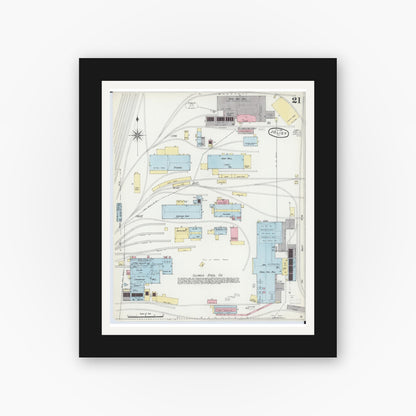 Old map wall art mockup — black gallery frame with white mat — Sanborn Fire Insurance Map from Joliet, Will County, Illinois (1891), Sheet #0021