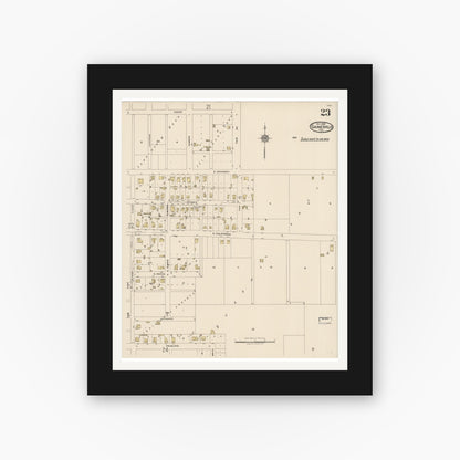 Old map wall art mockup — black gallery frame with white mat — Sanborn Fire Insurance Map from Gainesville, Cooke County, Texas (1922), Sheet #0023