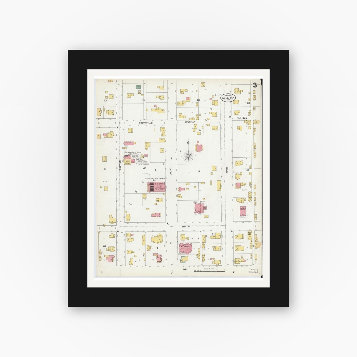 Old map wall art mockup — black gallery frame with white mat — Sanborn Fire Insurance Map from Sullivan, Sullivan County, Indiana (1902), Sheet #0003