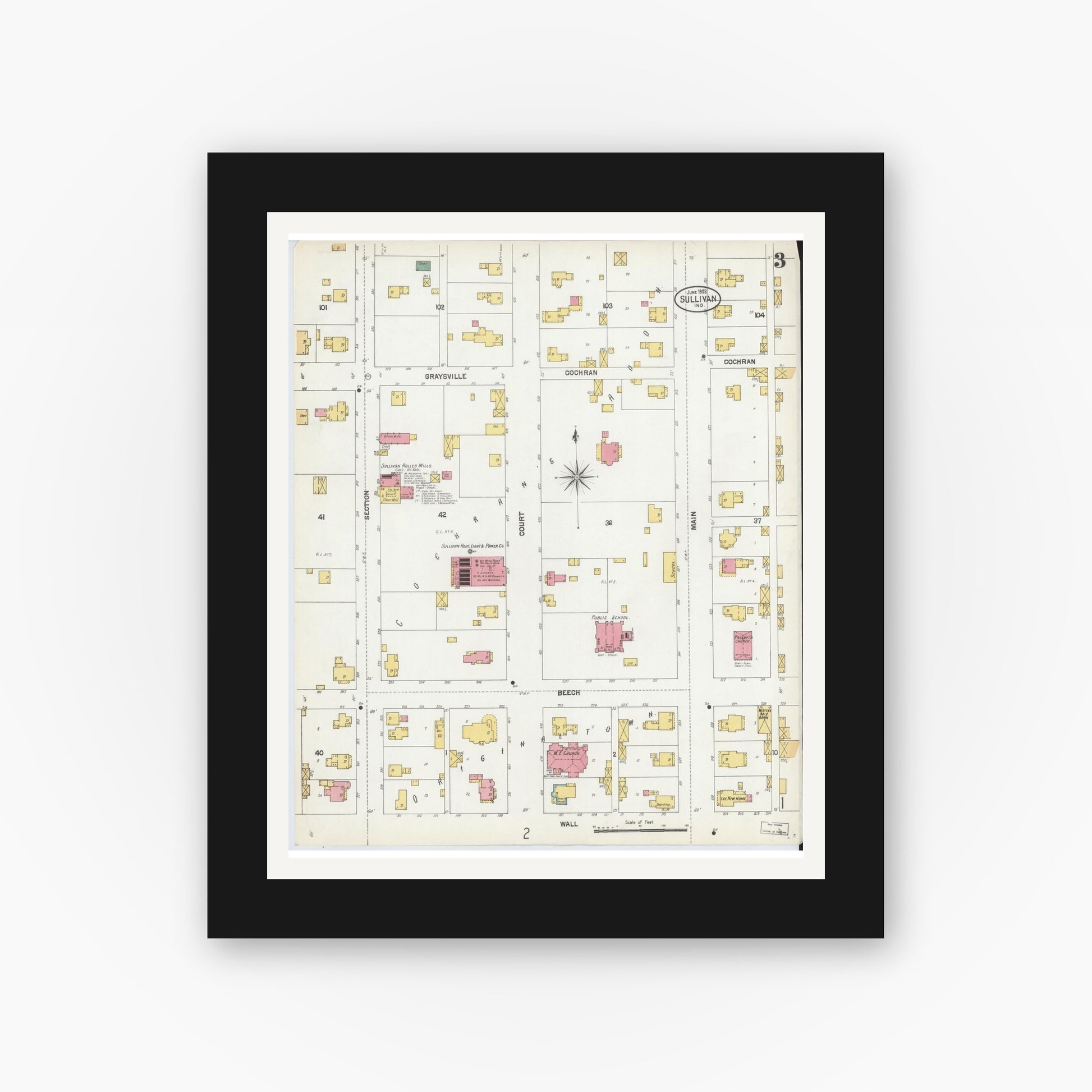 Old map wall art mockup — black gallery frame with white mat — Sanborn Fire Insurance Map from Sullivan, Sullivan County, Indiana (1902), Sheet #0003