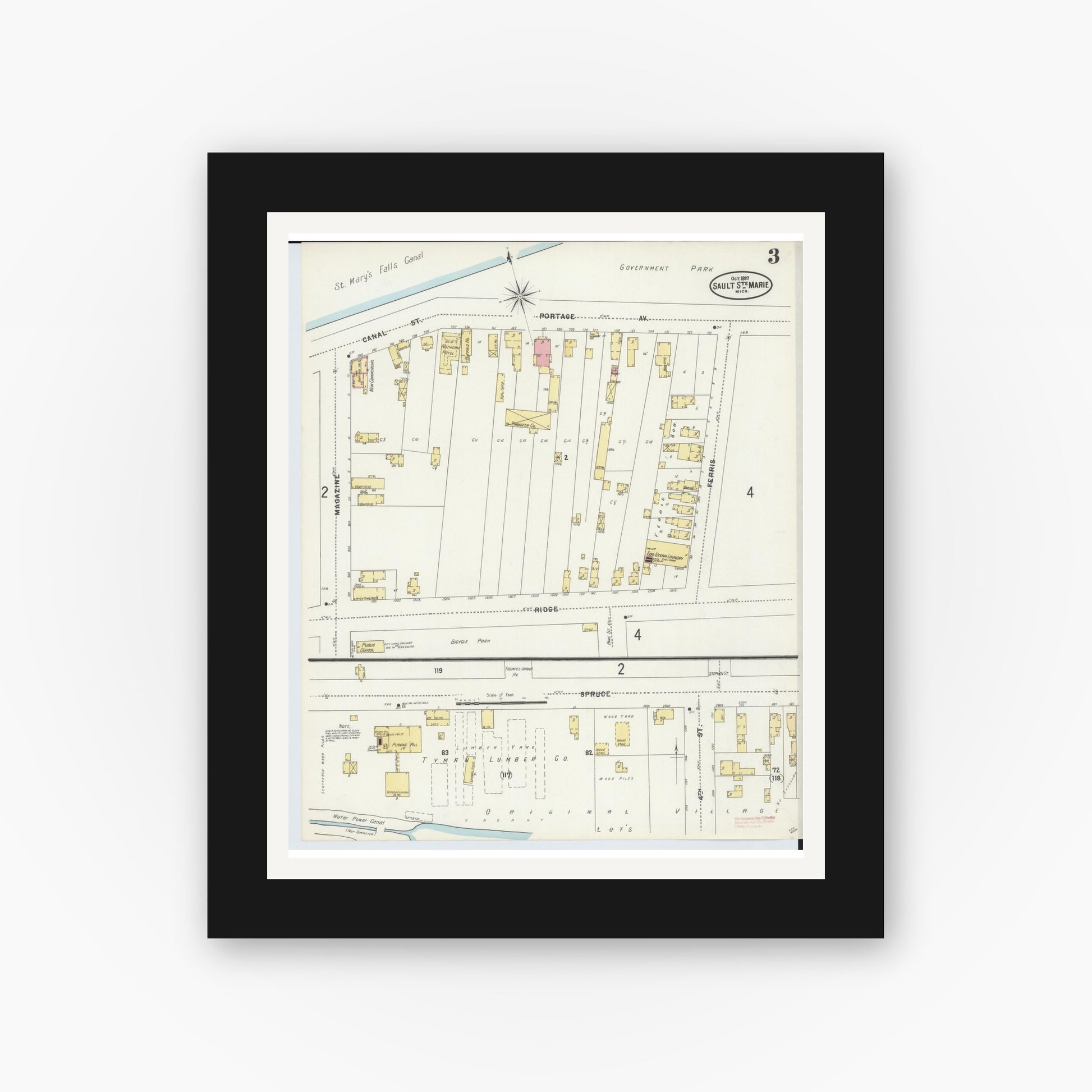 Old map wall art mockup — black gallery frame with white mat — Sanborn Fire Insurance Map from Sault Sainte Marie, Chippewa County, Michigan (1897), Sheet #0003