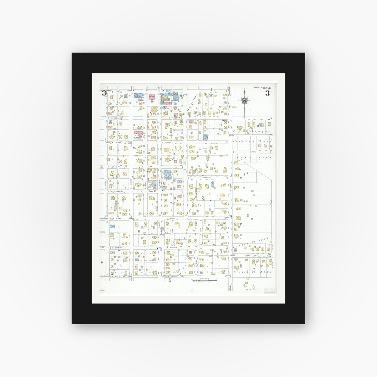 Old map wall art mockup — black gallery frame with white mat — Sanborn Fire Insurance Map from Mount Vernon, Lawrence County, Missouri (1951), Sheet #0003
