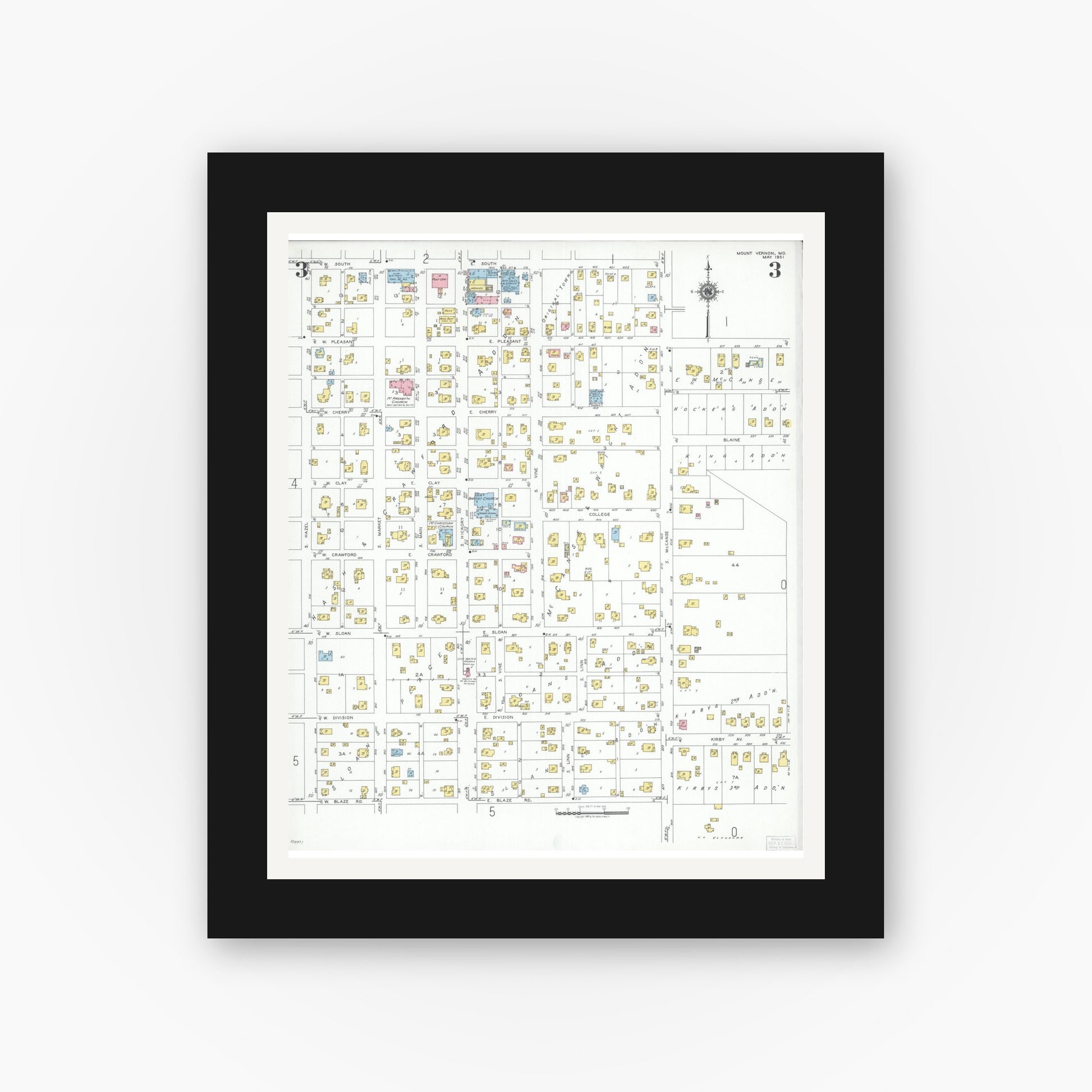 Old map wall art mockup — black gallery frame with white mat — Sanborn Fire Insurance Map from Mount Vernon, Lawrence County, Missouri (1951), Sheet #0003