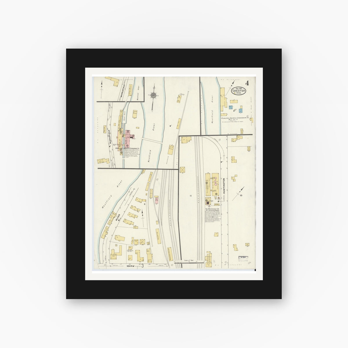 Old map wall art mockup — black gallery frame with white mat — Sanborn Fire Insurance Map from Chester, Hampden County, Massachusetts (1910), Sheet #0004