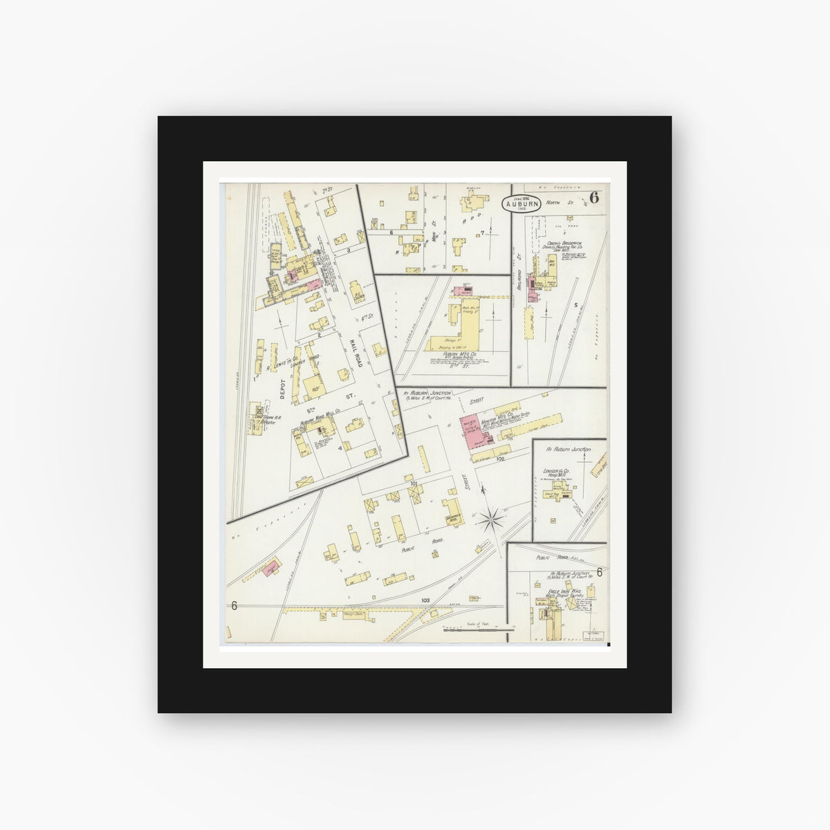 Old map wall art mockup — black gallery frame with white mat — Sanborn Fire Insurance Map from Auburn, De Kalb County, Indiana (1896), Sheet #0006