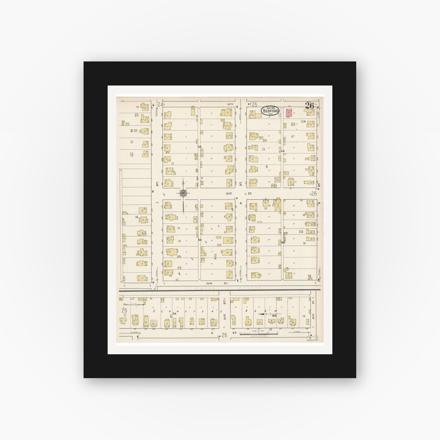 Old map wall art mockup — black gallery frame with white mat — Sanborn Fire Insurance Map from Bedford, Lawrence County, Indiana (1922), Sheet #0026