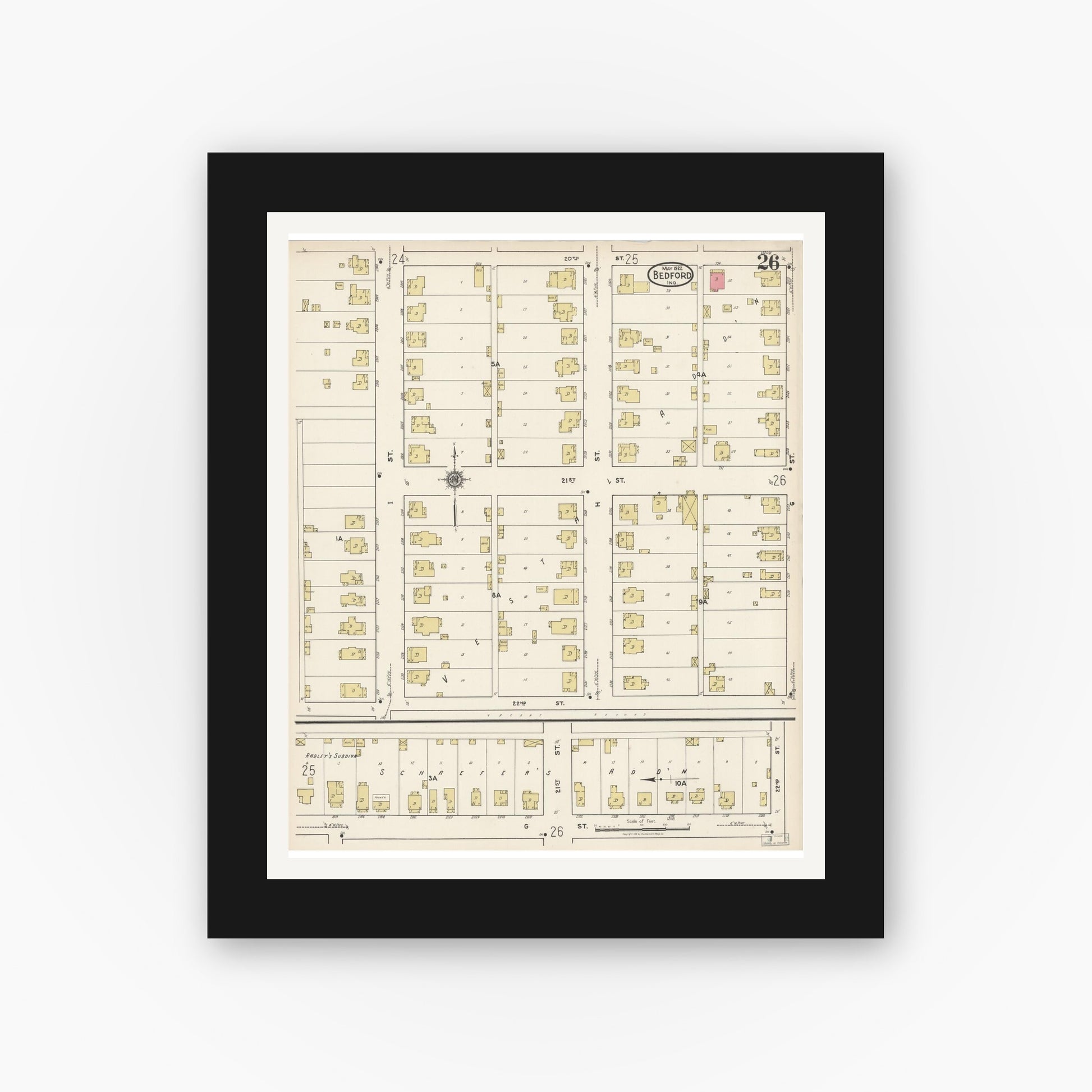 Old map wall art mockup — black gallery frame with white mat — Sanborn Fire Insurance Map from Bedford, Lawrence County, Indiana (1922), Sheet #0026