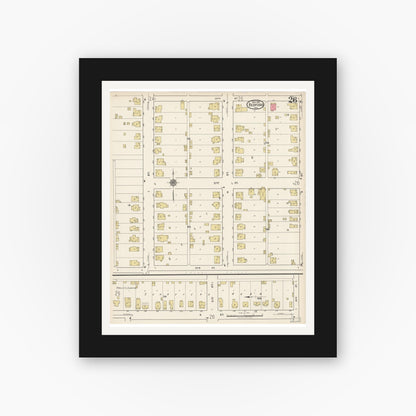 Old map wall art mockup — black gallery frame with white mat — Sanborn Fire Insurance Map from Bedford, Lawrence County, Indiana (1922), Sheet #0026