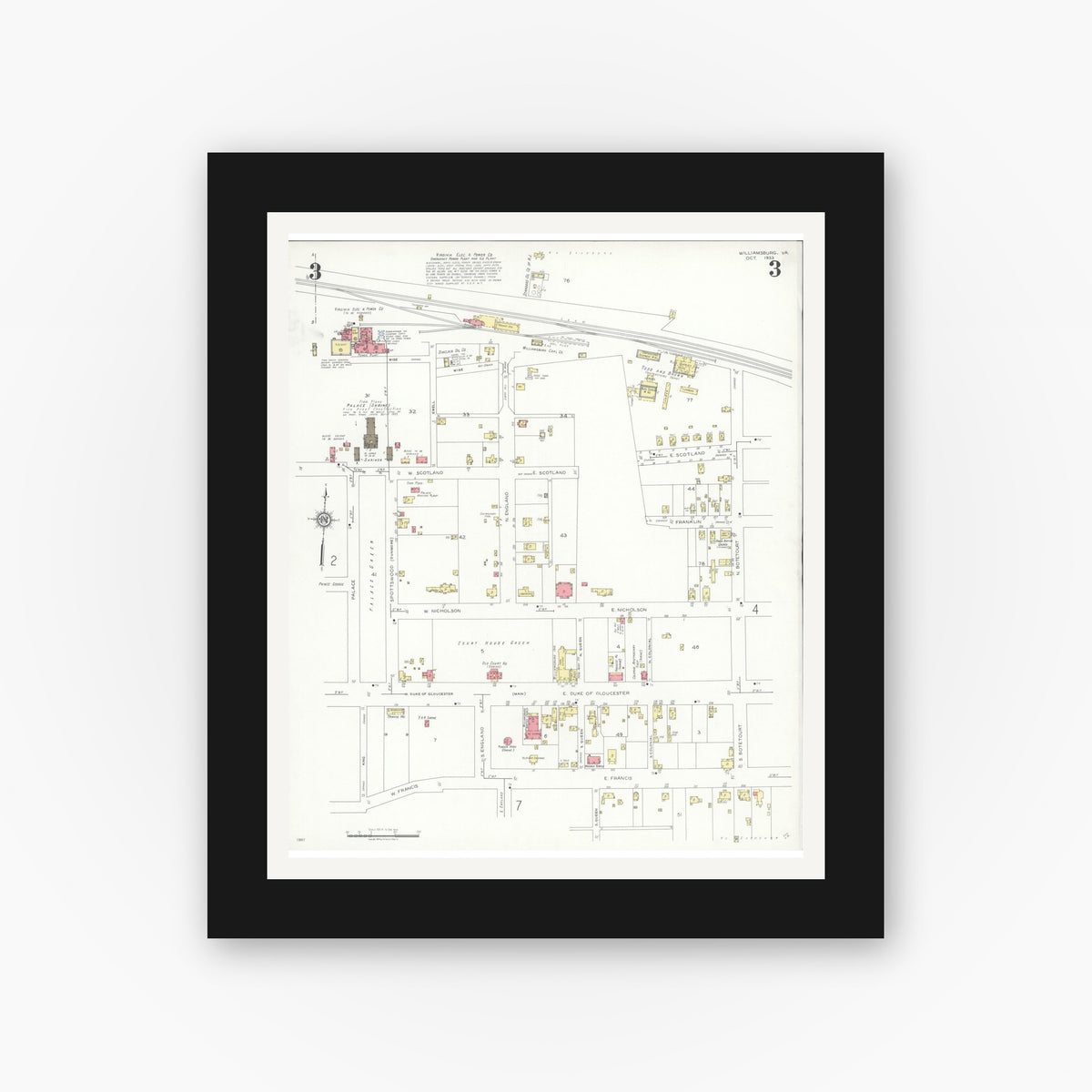 Old map wall art mockup — black gallery frame with white mat — Sanborn Fire Insurance Map from Williamsburg, Independent Cities, Virginia (1933), Sheet #0003