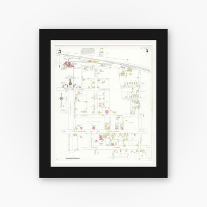Old map wall art mockup — black gallery frame with white mat — Sanborn Fire Insurance Map from Williamsburg, Independent Cities, Virginia (1933), Sheet #0003