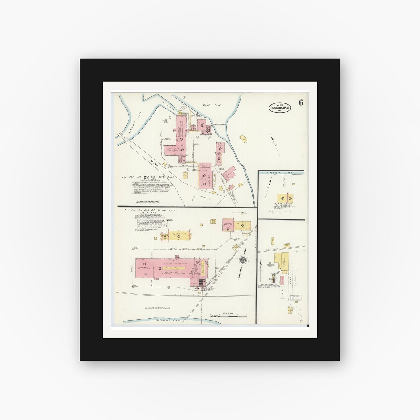 Old map wall art mockup — black gallery frame with white mat — Sanborn Fire Insurance Map from Rockingham, Richmond County, North Carolina (1911), Sheet #0006