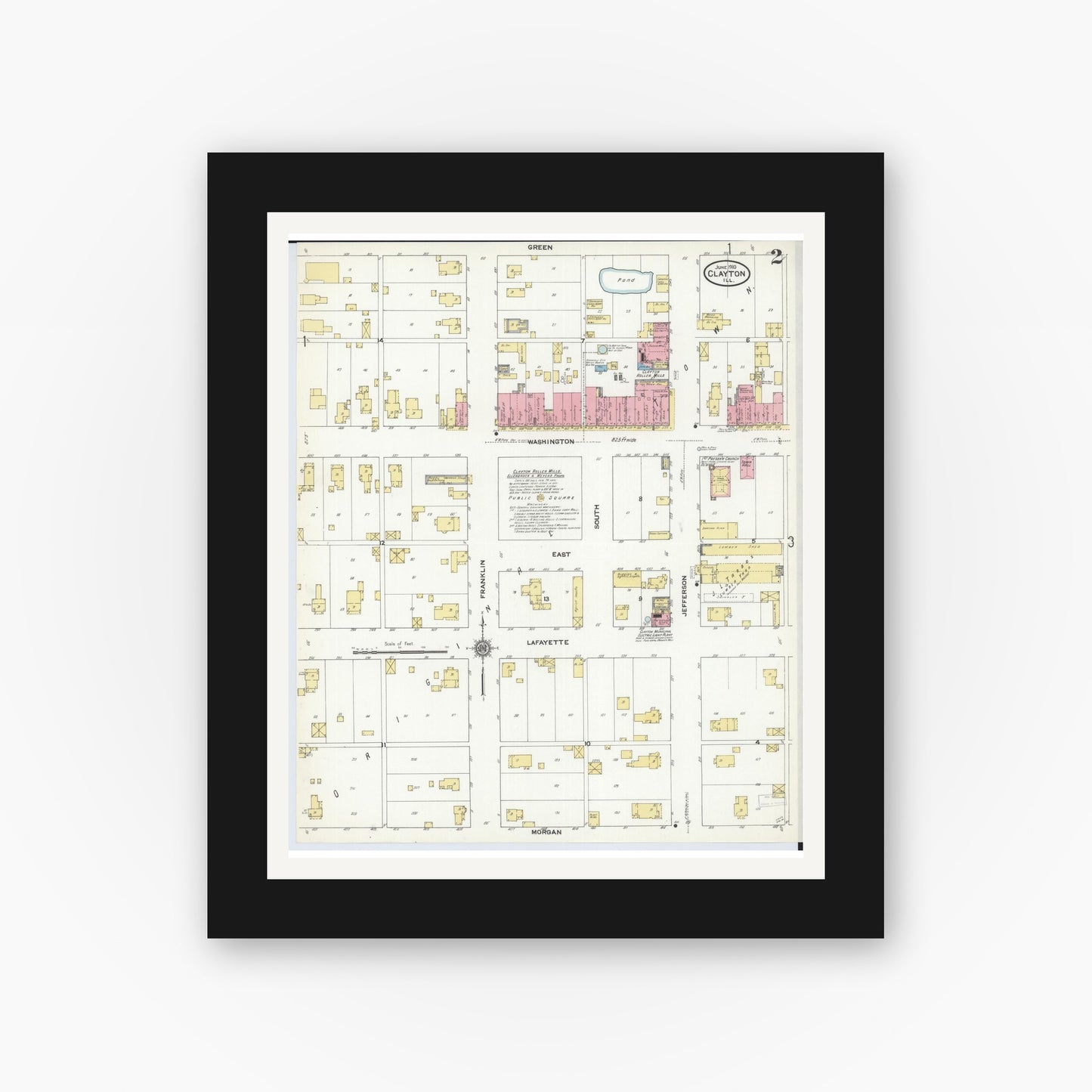 Old map wall art mockup — black gallery frame with white mat — Sanborn Fire Insurance Map from Clayton, Adams County, Illinois (1910), Sheet #0002