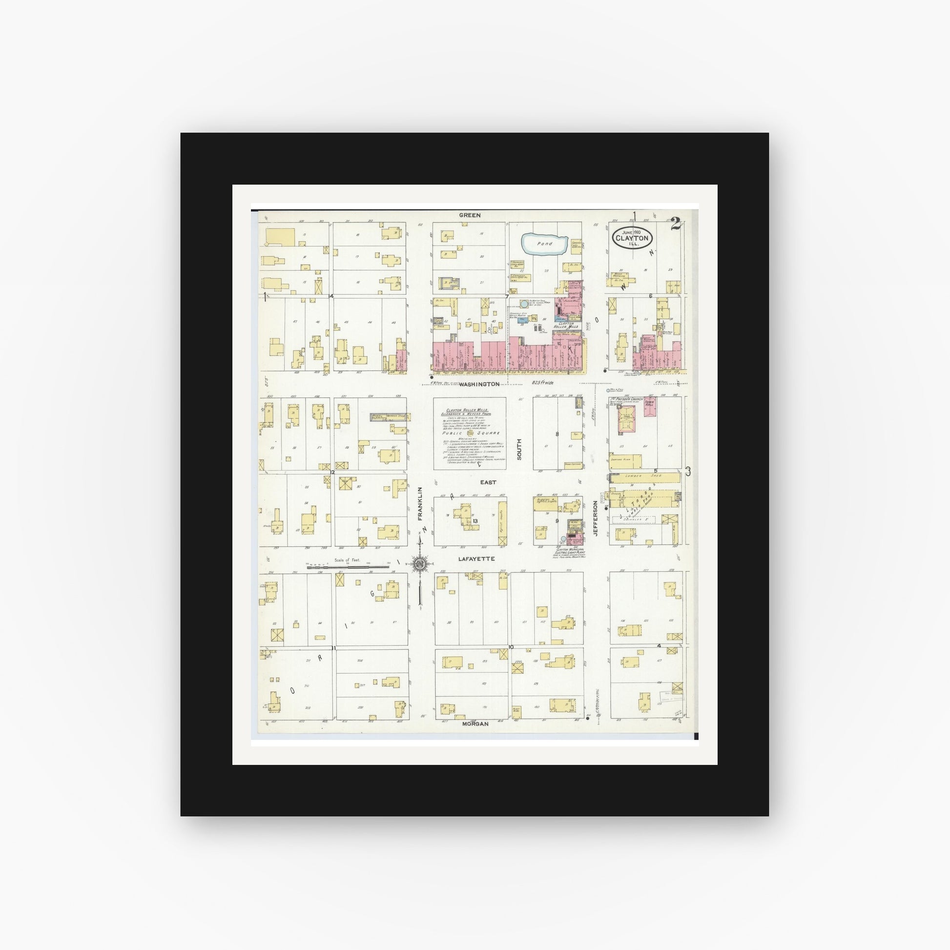 Old map wall art mockup — black gallery frame with white mat — Sanborn Fire Insurance Map from Clayton, Adams County, Illinois (1910), Sheet #0002