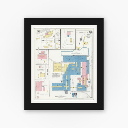 Old map wall art mockup — black gallery frame with white mat — Sanborn Fire Insurance Map from Elyria, Lorain County, Ohio (1925), Sheet #0039