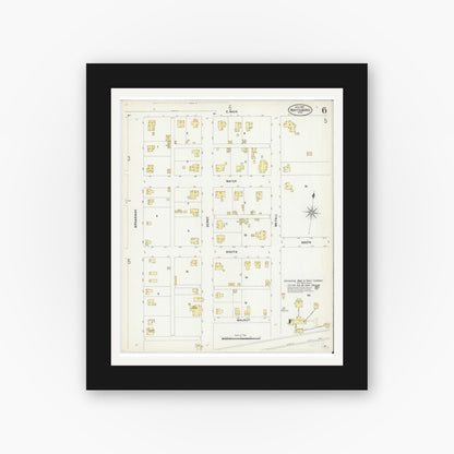 Old map wall art mockup — black gallery frame with white mat — Sanborn Fire Insurance Map from Whitesboro, Grayson County, Texas (1907), Sheet #0006
