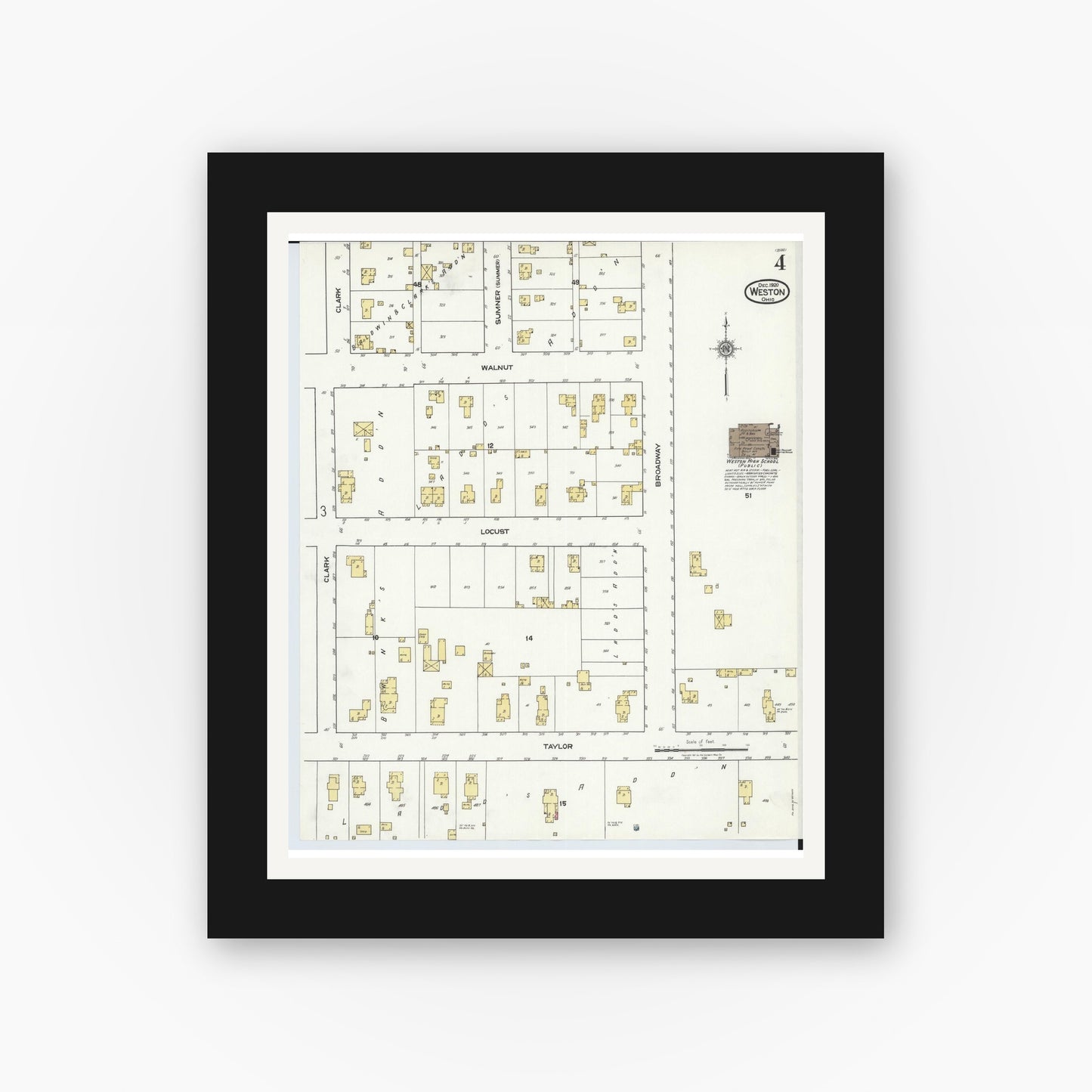 Old map wall art mockup — black gallery frame with white mat — Sanborn Fire Insurance Map from Weston, Wood County, Ohio (1920), Sheet #0004