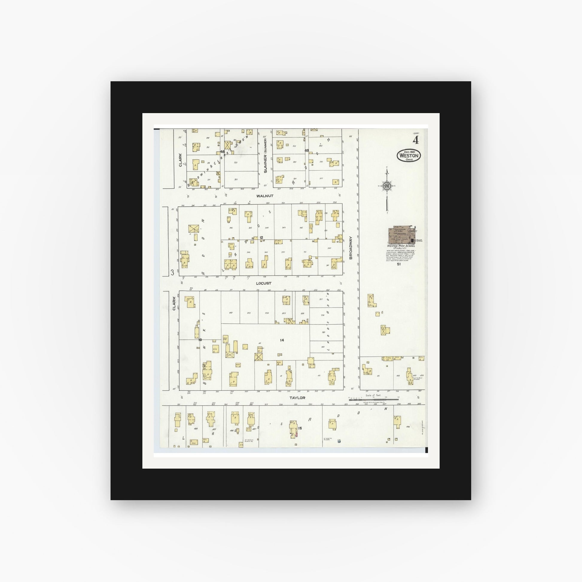 Old map wall art mockup — black gallery frame with white mat — Sanborn Fire Insurance Map from Weston, Wood County, Ohio (1920), Sheet #0004