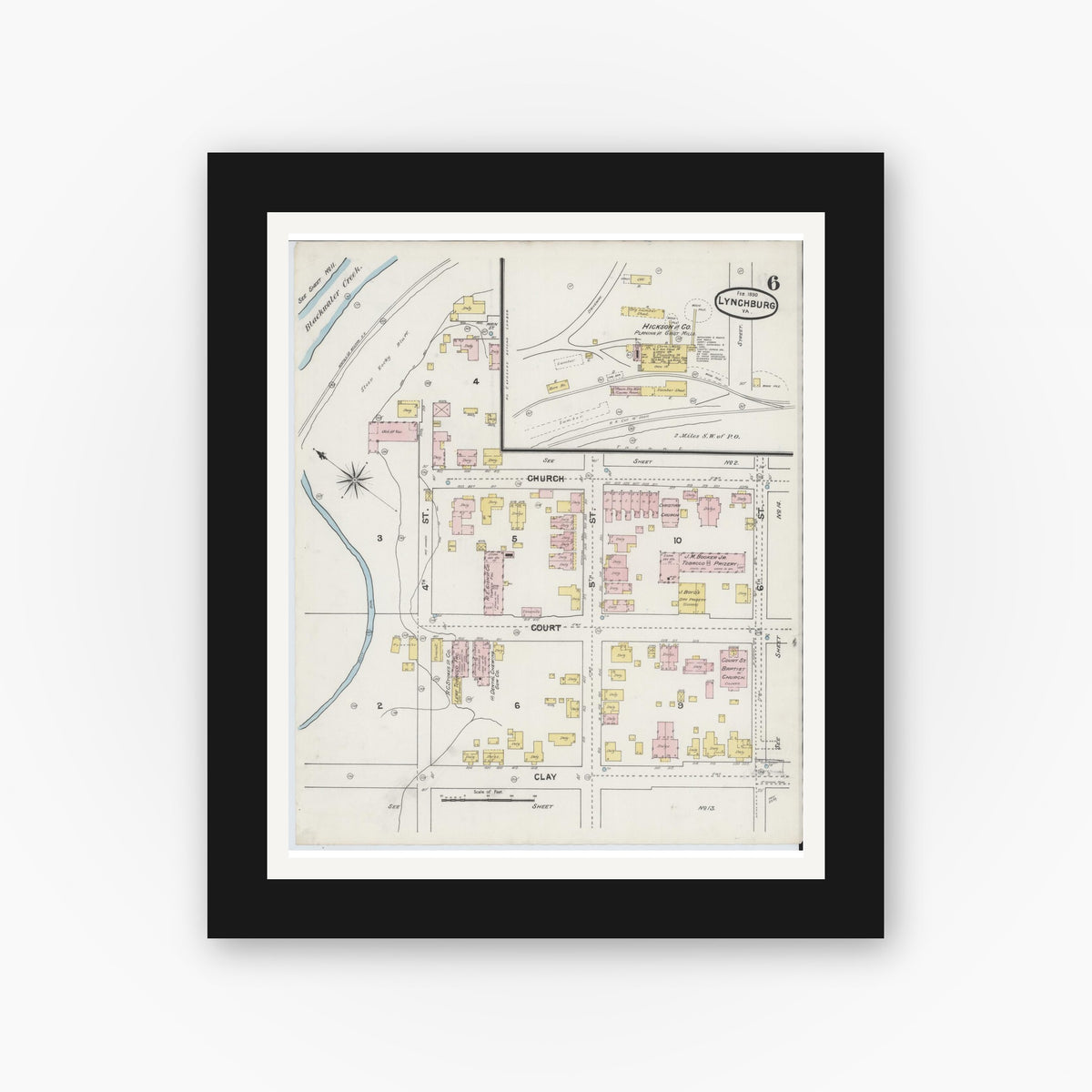 Old map wall art mockup — black gallery frame with white mat — Sanborn Fire Insurance Map from Lynchburg, Independent Cities, Virginia (1890), Sheet #0006