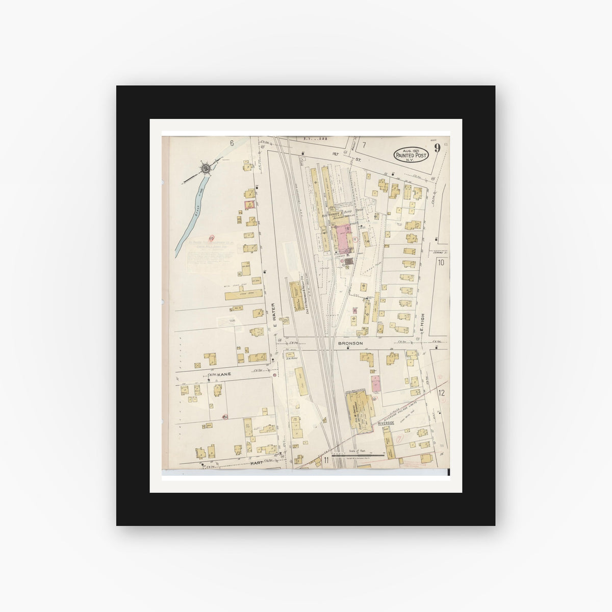 Old map wall art mockup — black gallery frame with white mat — Sanborn Fire Insurance Map from Painted Post, Steuben County, New York (1943), Sheet #0009