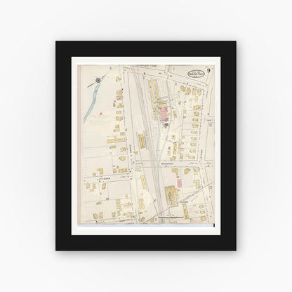 Old map wall art mockup — black gallery frame with white mat — Sanborn Fire Insurance Map from Painted Post, Steuben County, New York (1943), Sheet #0009