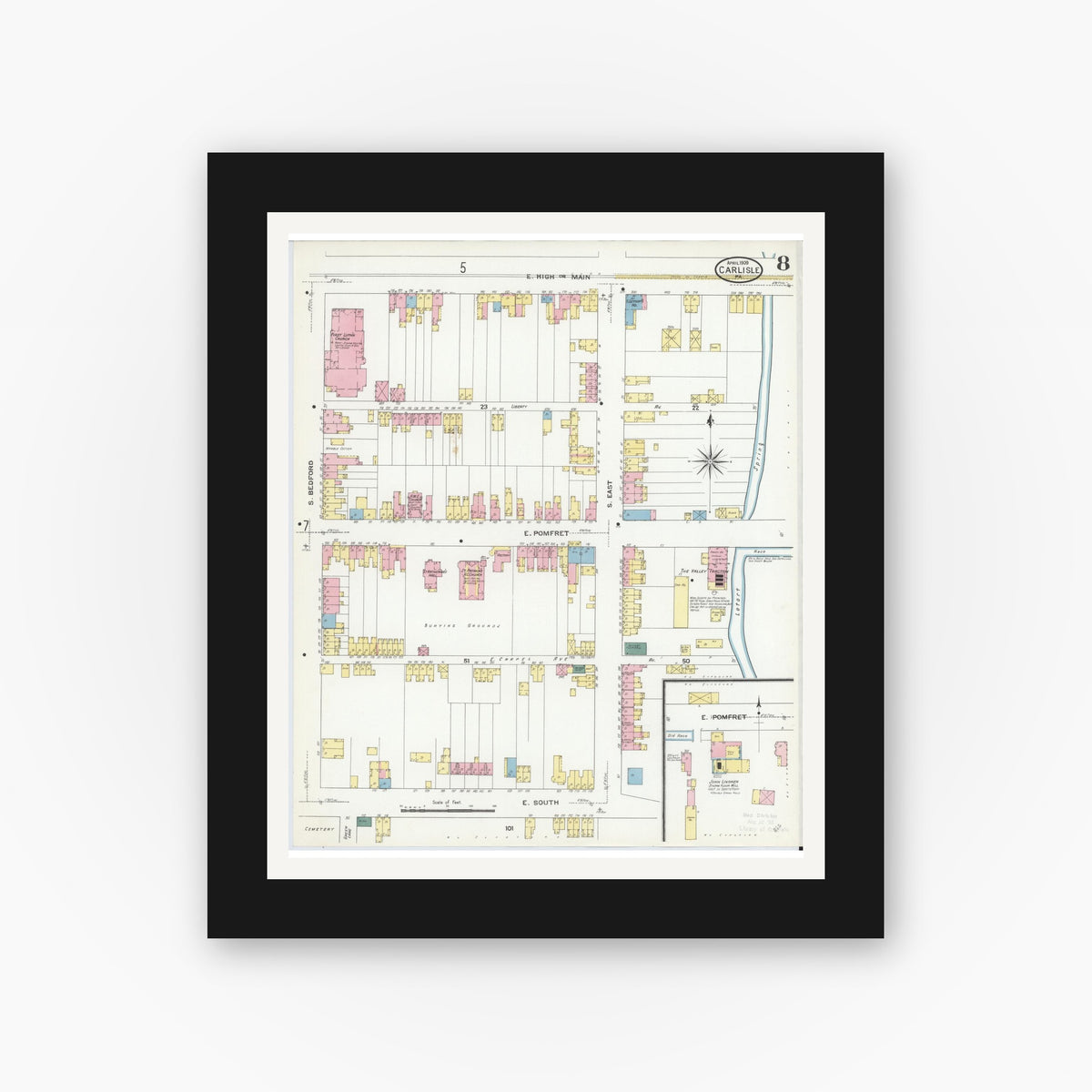 Old map wall art mockup — black gallery frame with white mat — Sanborn Fire Insurance Map from Carlisle, Cumberland County, Pennsylvania (1909), Sheet #0008