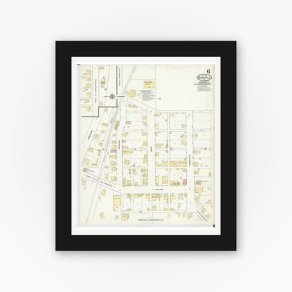 Old map wall art mockup — black gallery frame with white mat — Sanborn Fire Insurance Map from Woodsfield, Monroe County, Ohio (1911), Sheet #0006