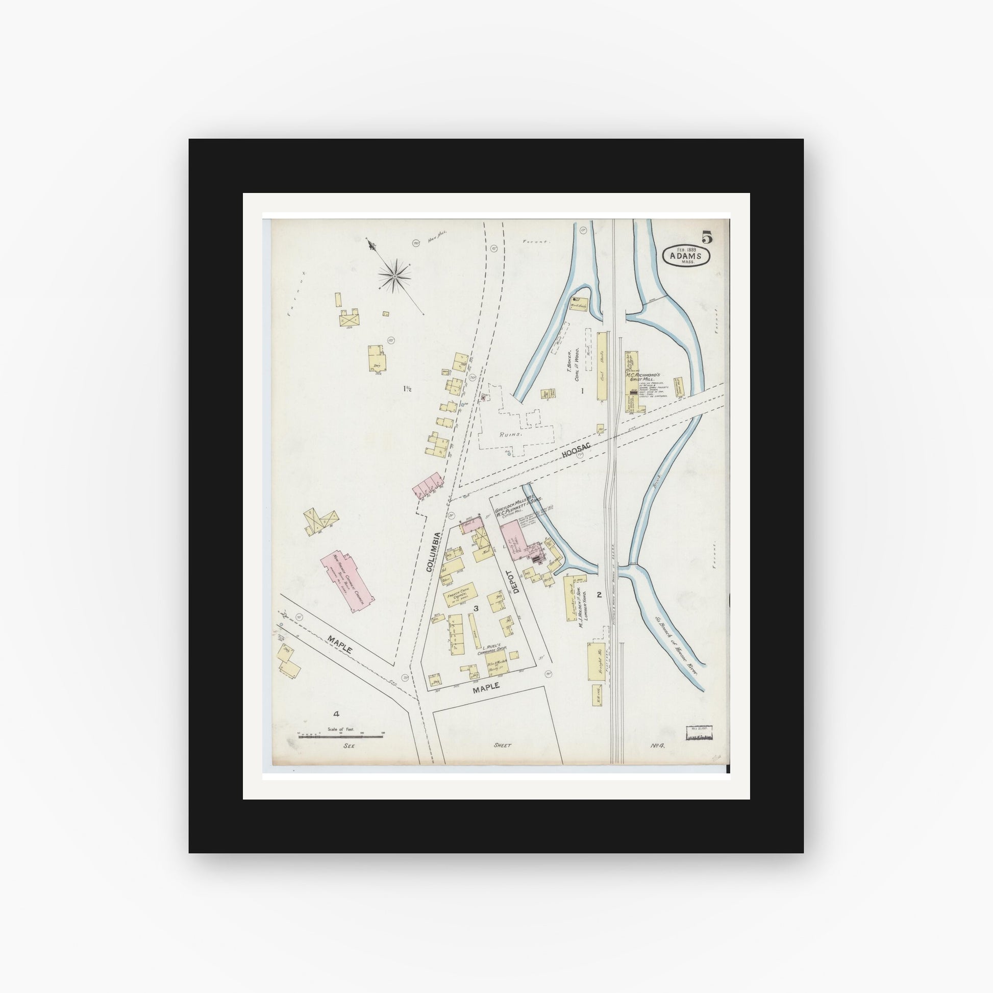 Old map wall art mockup — black gallery frame with white mat — Sanborn Fire Insurance Map from Adams, Berkshire County, Massachusetts (1889), Sheet #0005