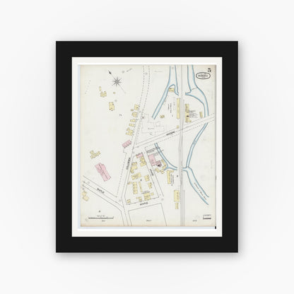 Old map wall art mockup — black gallery frame with white mat — Sanborn Fire Insurance Map from Adams, Berkshire County, Massachusetts (1889), Sheet #0005