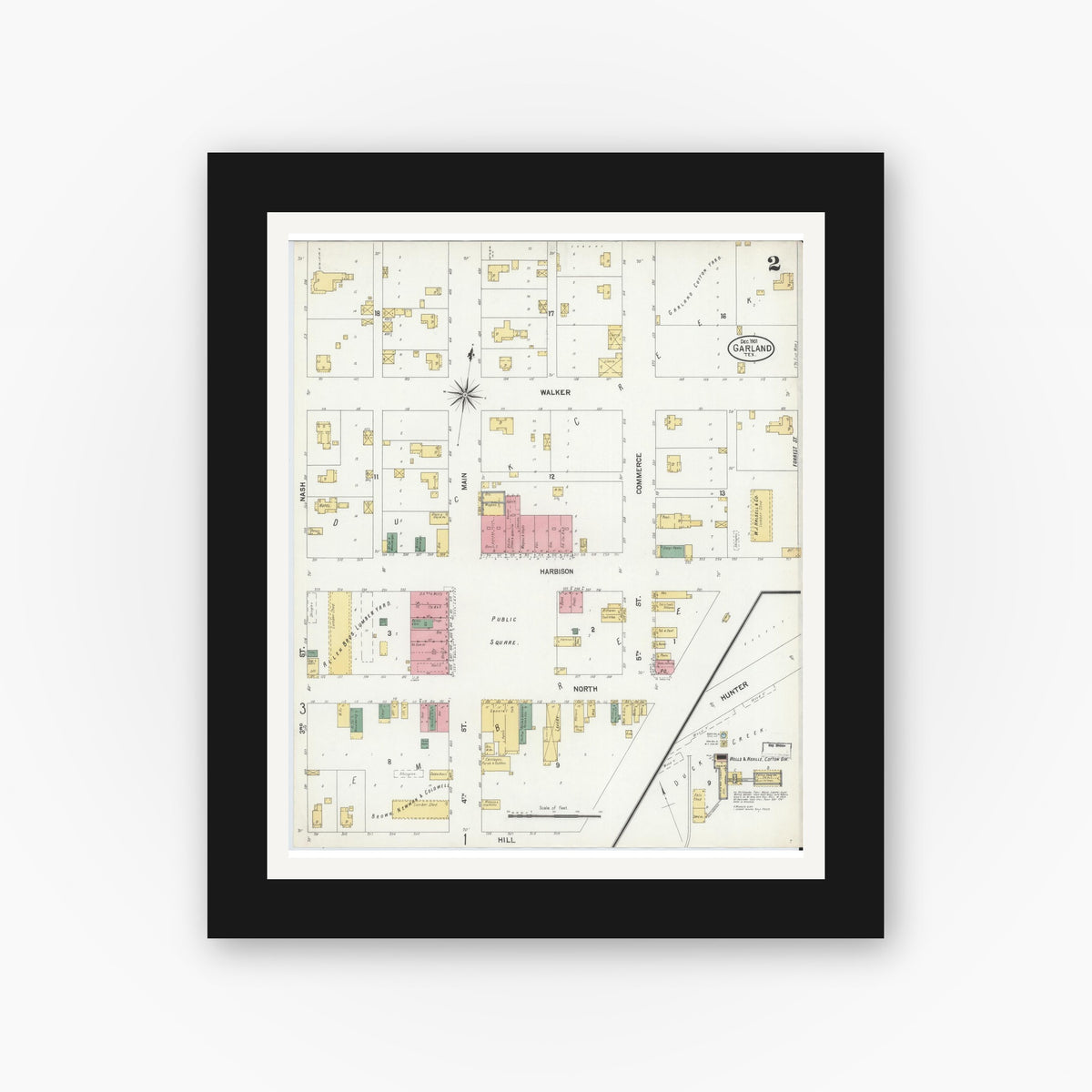 Old map wall art mockup — black gallery frame with white mat — Sanborn Fire Insurance Map from Garland, Dallas County, Texas (1901), Sheet #0002