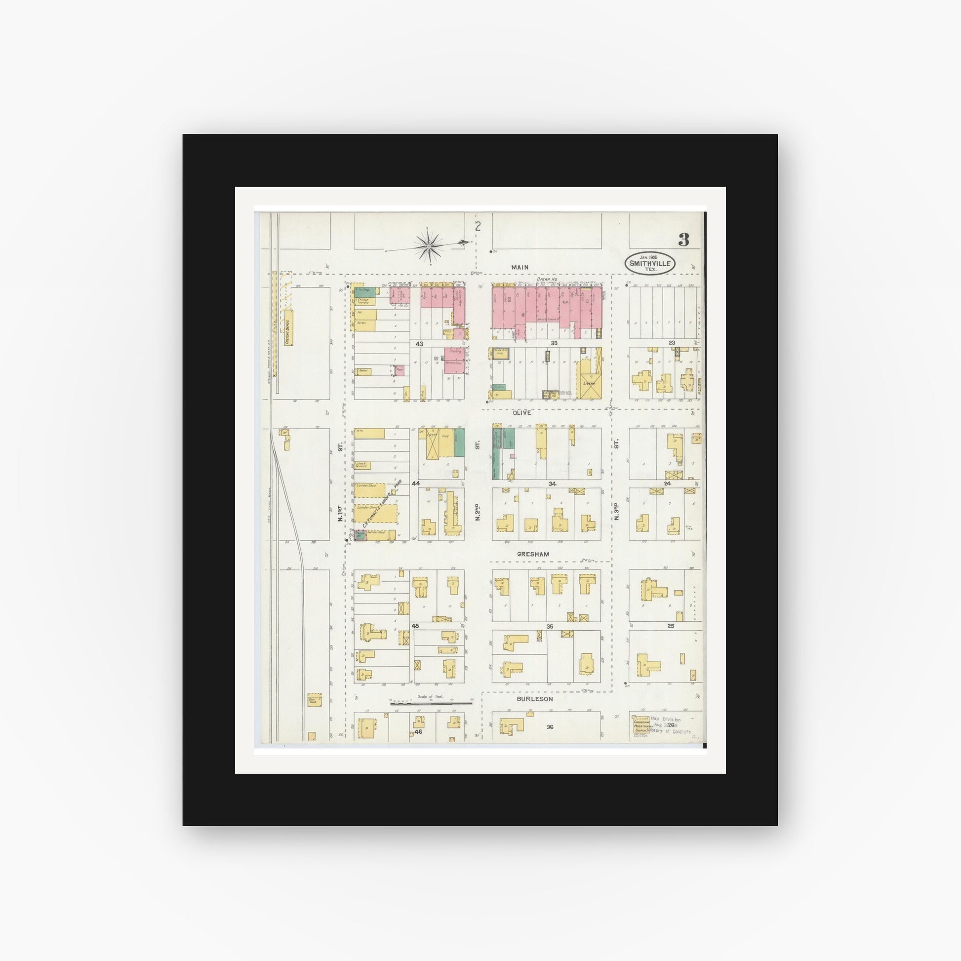 Old map wall art mockup — black gallery frame with white mat — Sanborn Fire Insurance Map from Smithville, Bastrop County, Texas (1905), Sheet #0003
